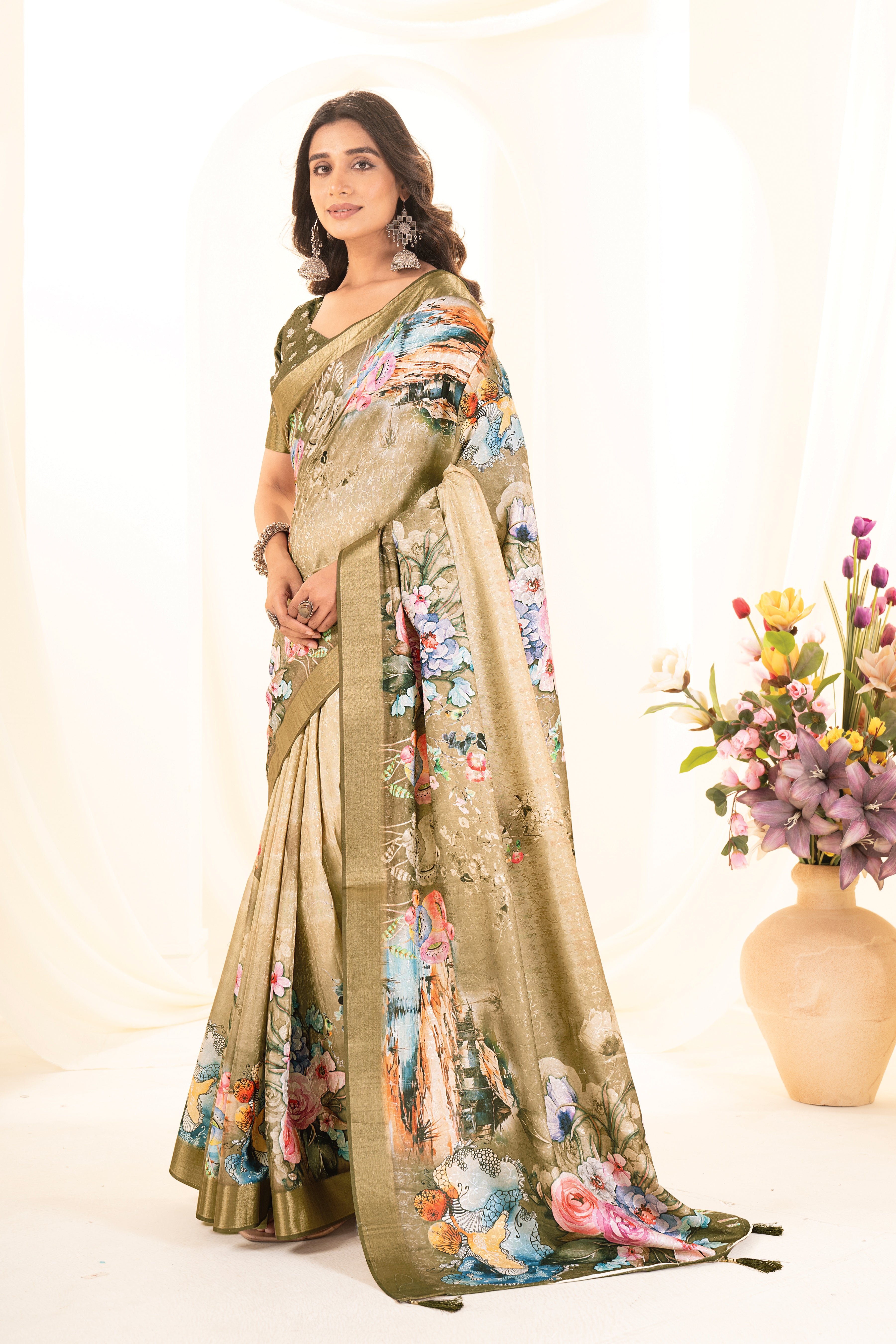 Green Floral Digital Printed Self Jacquard Saree