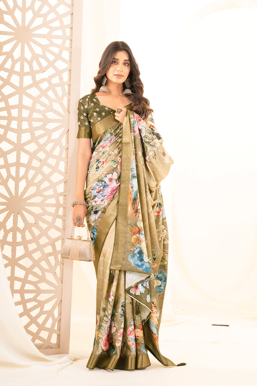 Green Floral Digital Printed Self Jacquard Saree