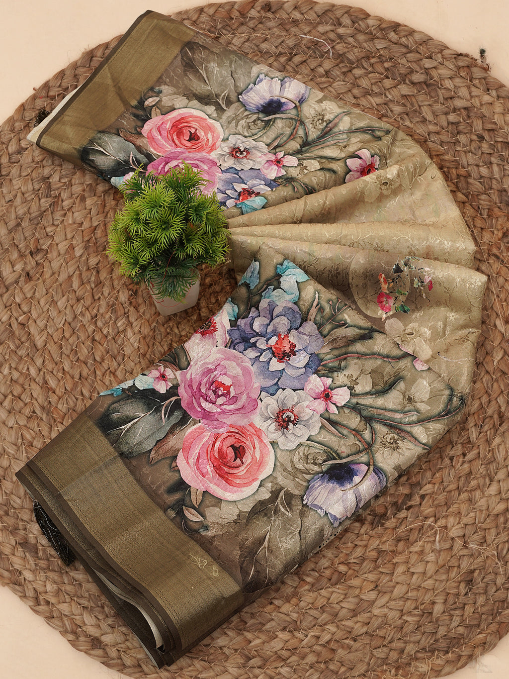 Green Floral Digital Printed Self Jacquard Saree