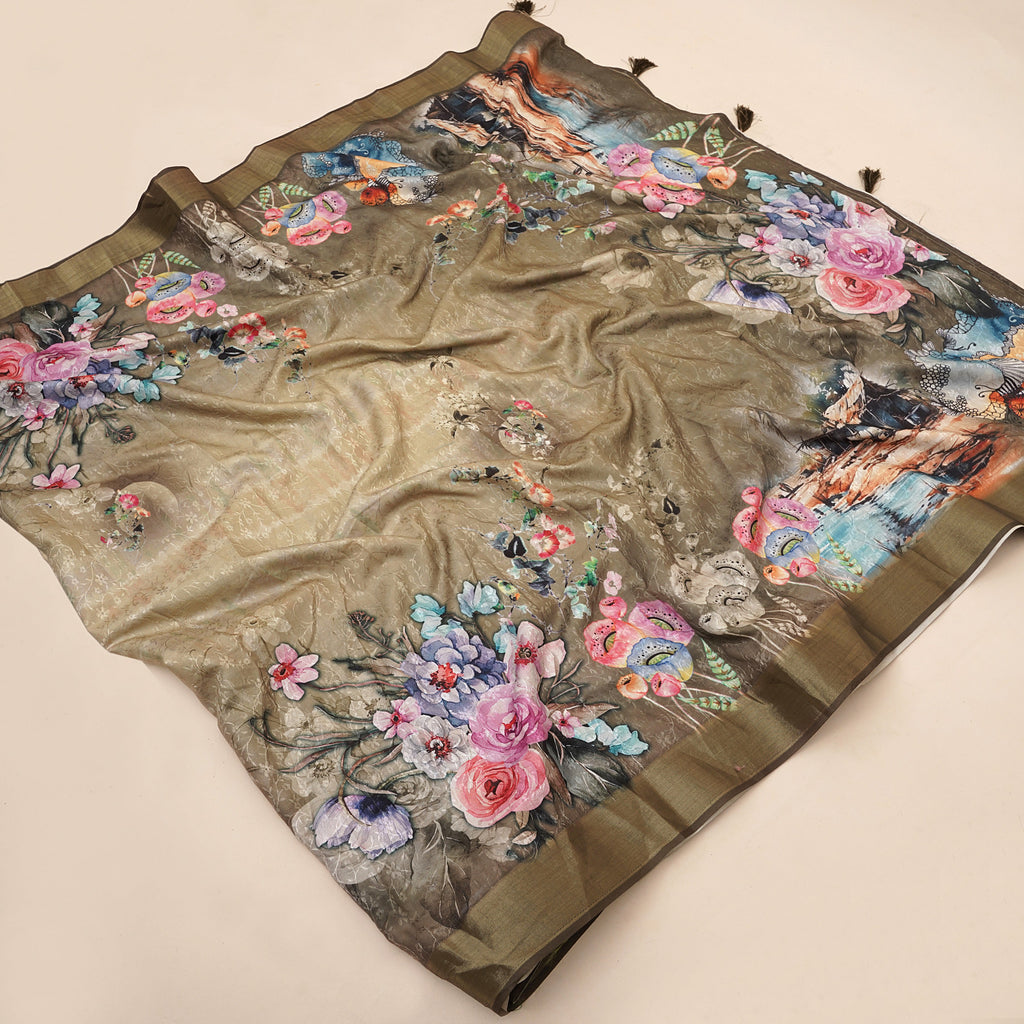 Green Floral Digital Printed Self Jacquard Saree