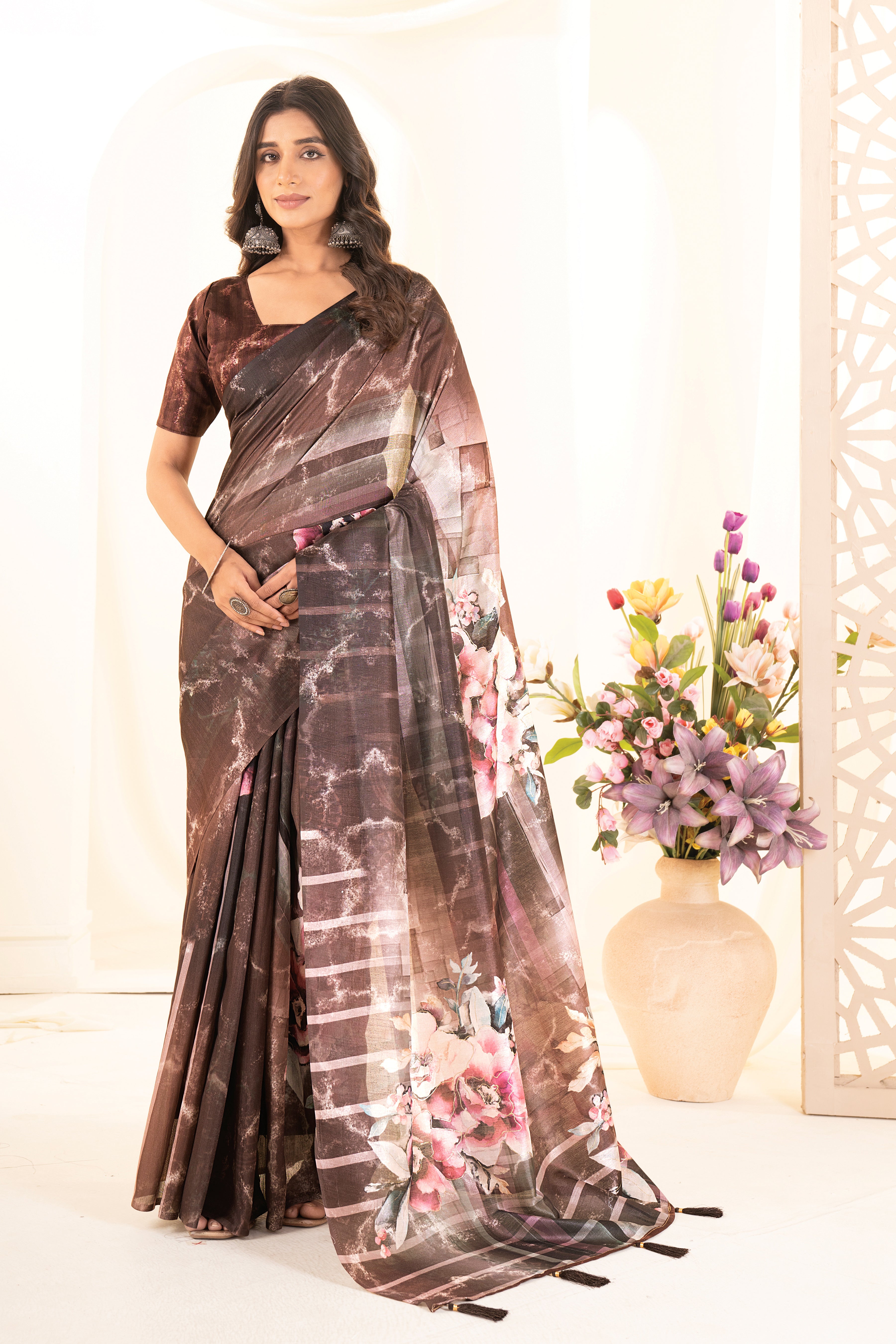 Coffee Tusser Silk Floral Digital Printed Saree