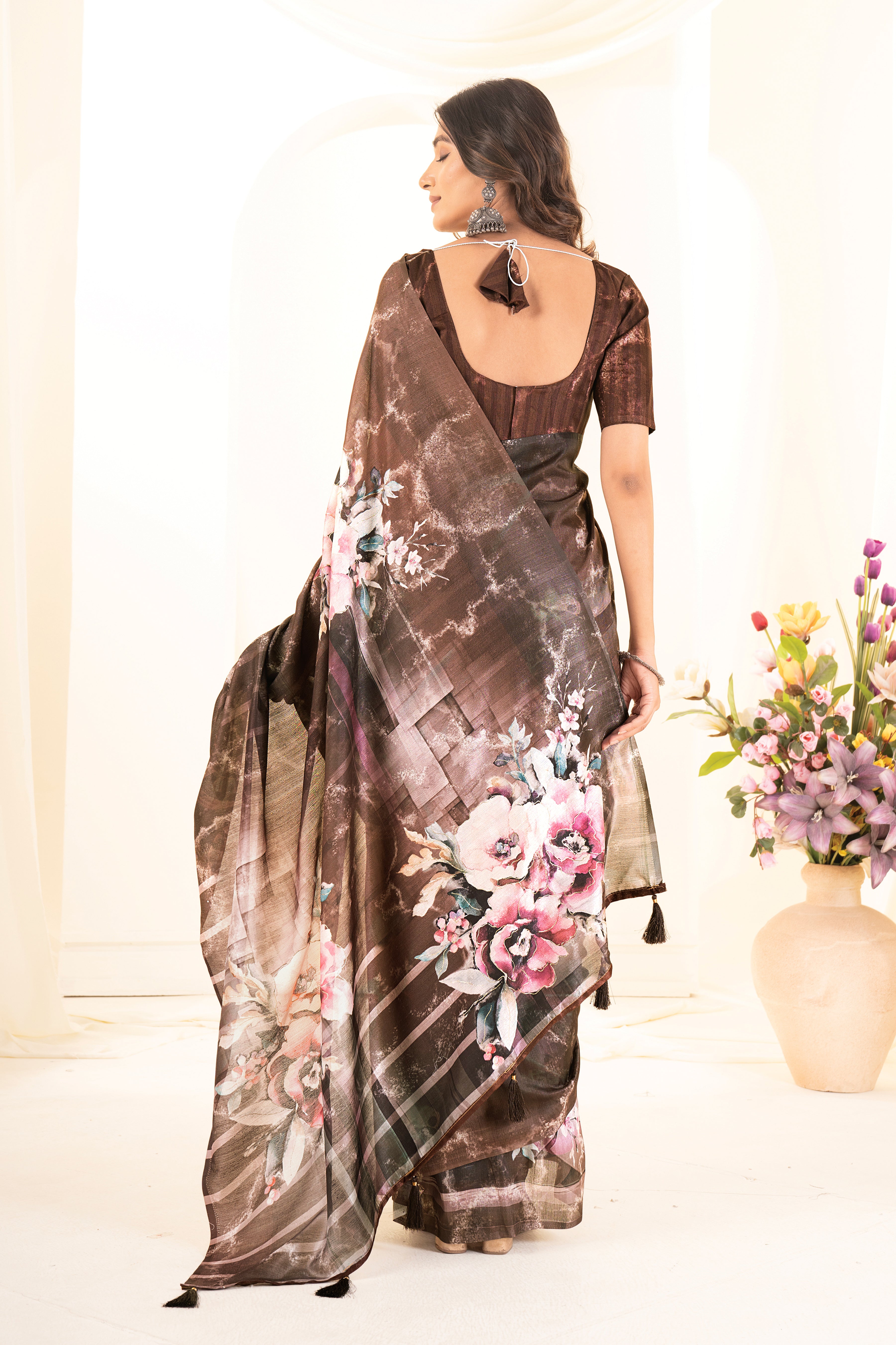 Coffee Tusser Silk Floral Digital Printed Saree