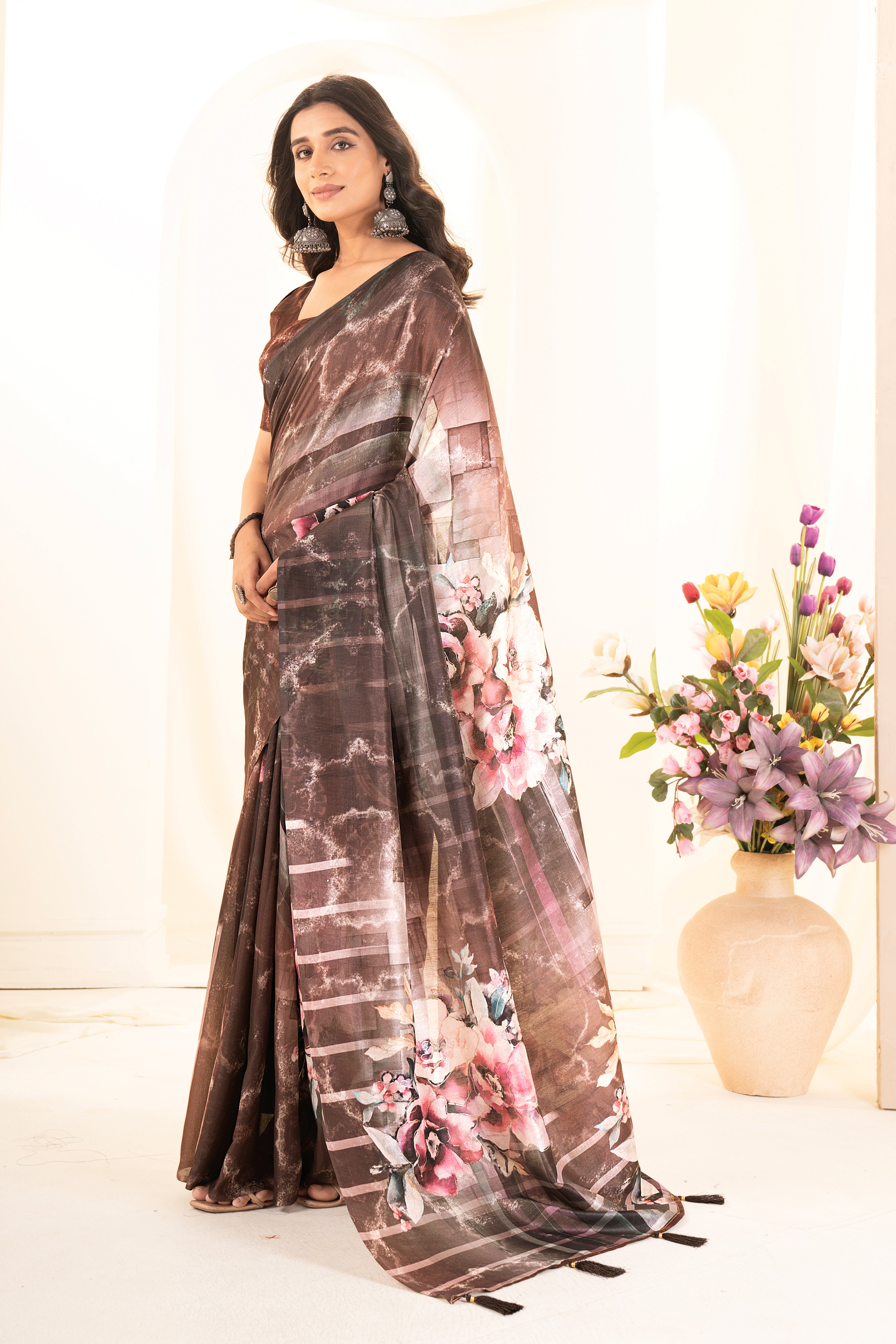 Coffee Tusser Silk Floral Digital Printed Saree