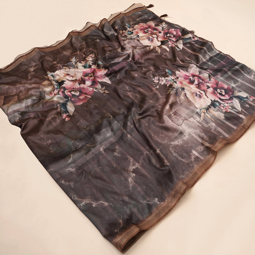 Coffee Tusser Silk Floral Digital Printed Saree