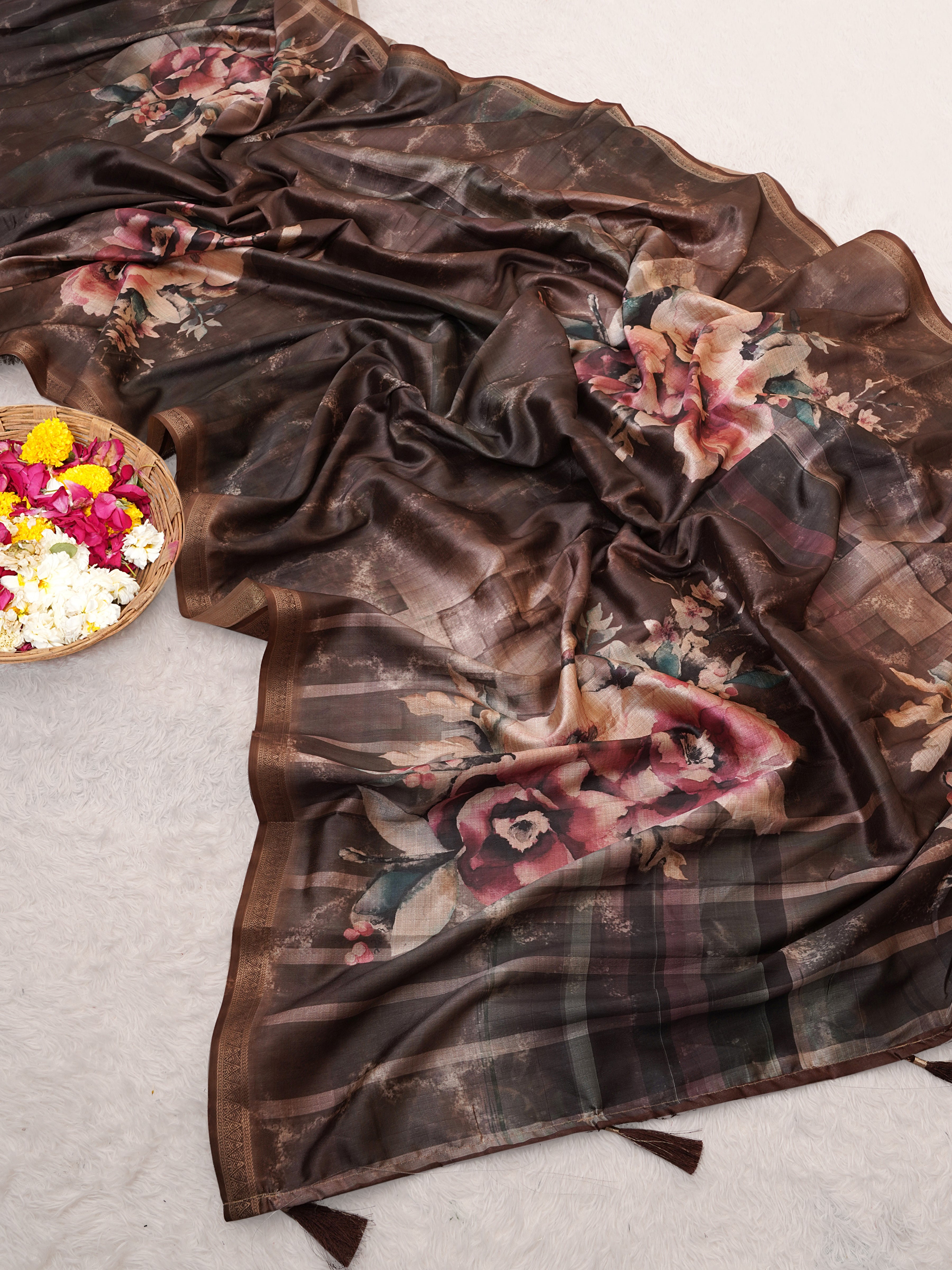 Coffee Tusser Silk Floral Digital Printed Saree