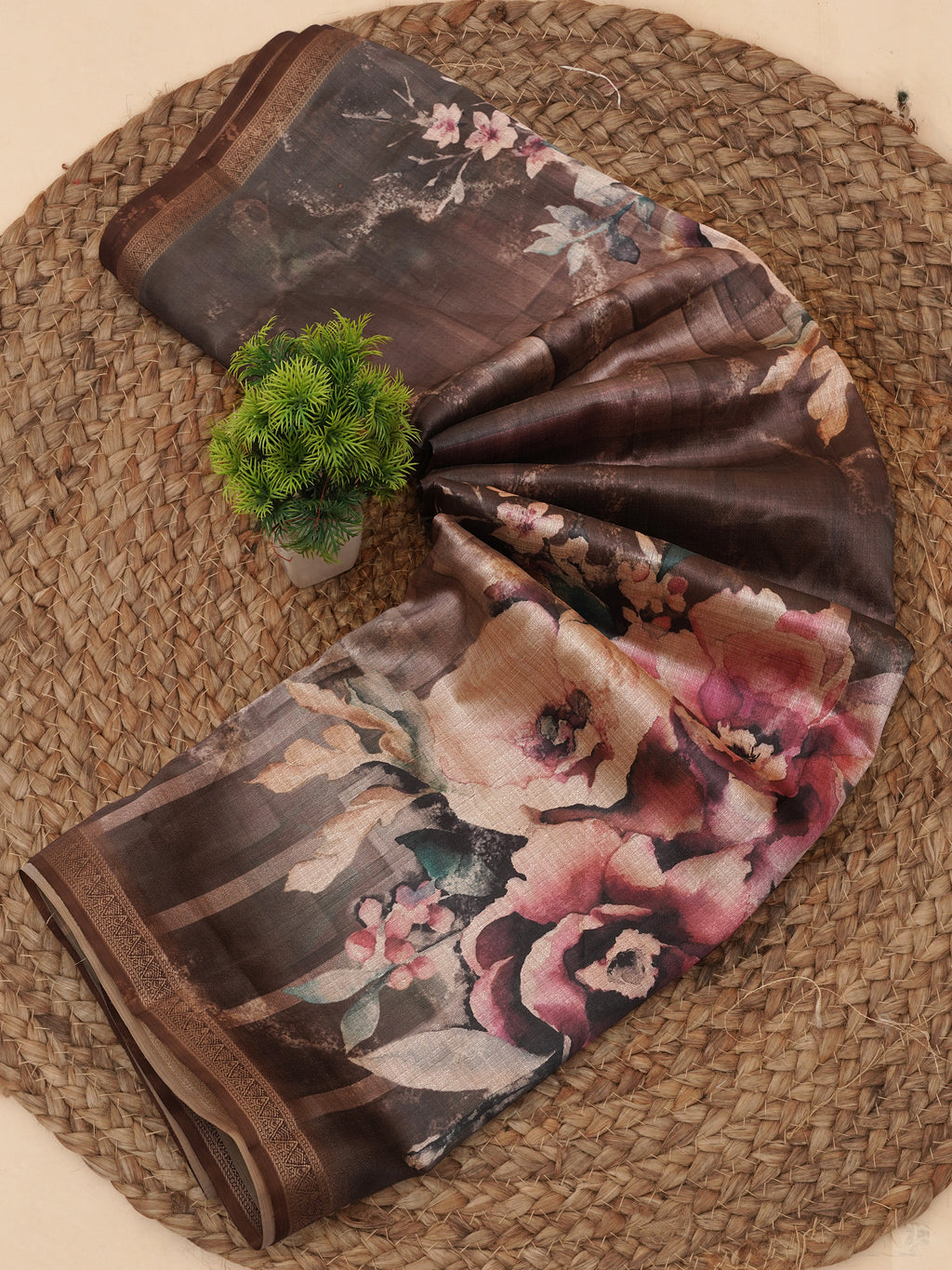 Coffee Tusser Silk Floral Digital Printed Saree