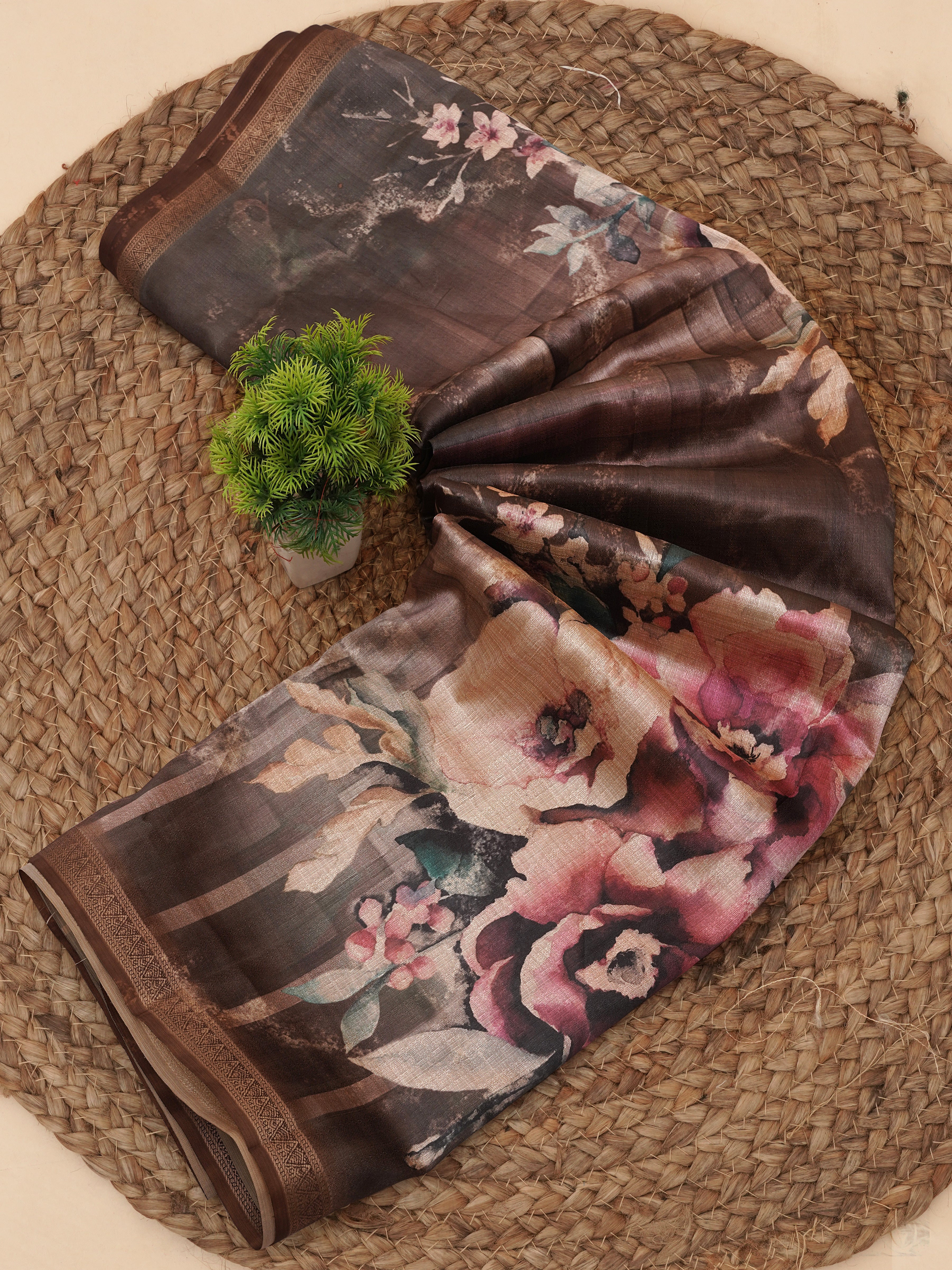 Coffee Tusser Silk Floral Digital Printed Saree