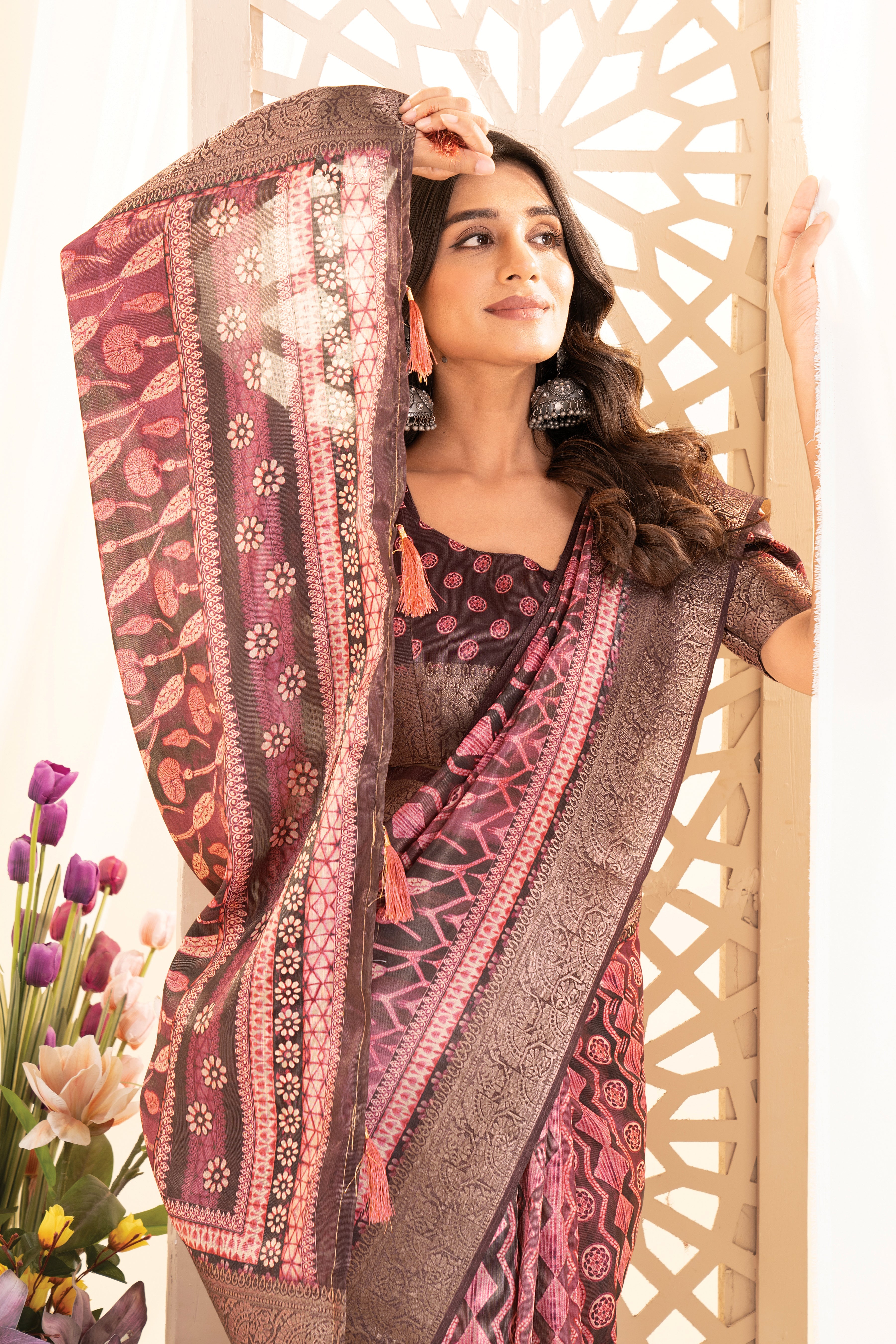 Cherry Red Ajrak Print Tusser Silk Saree