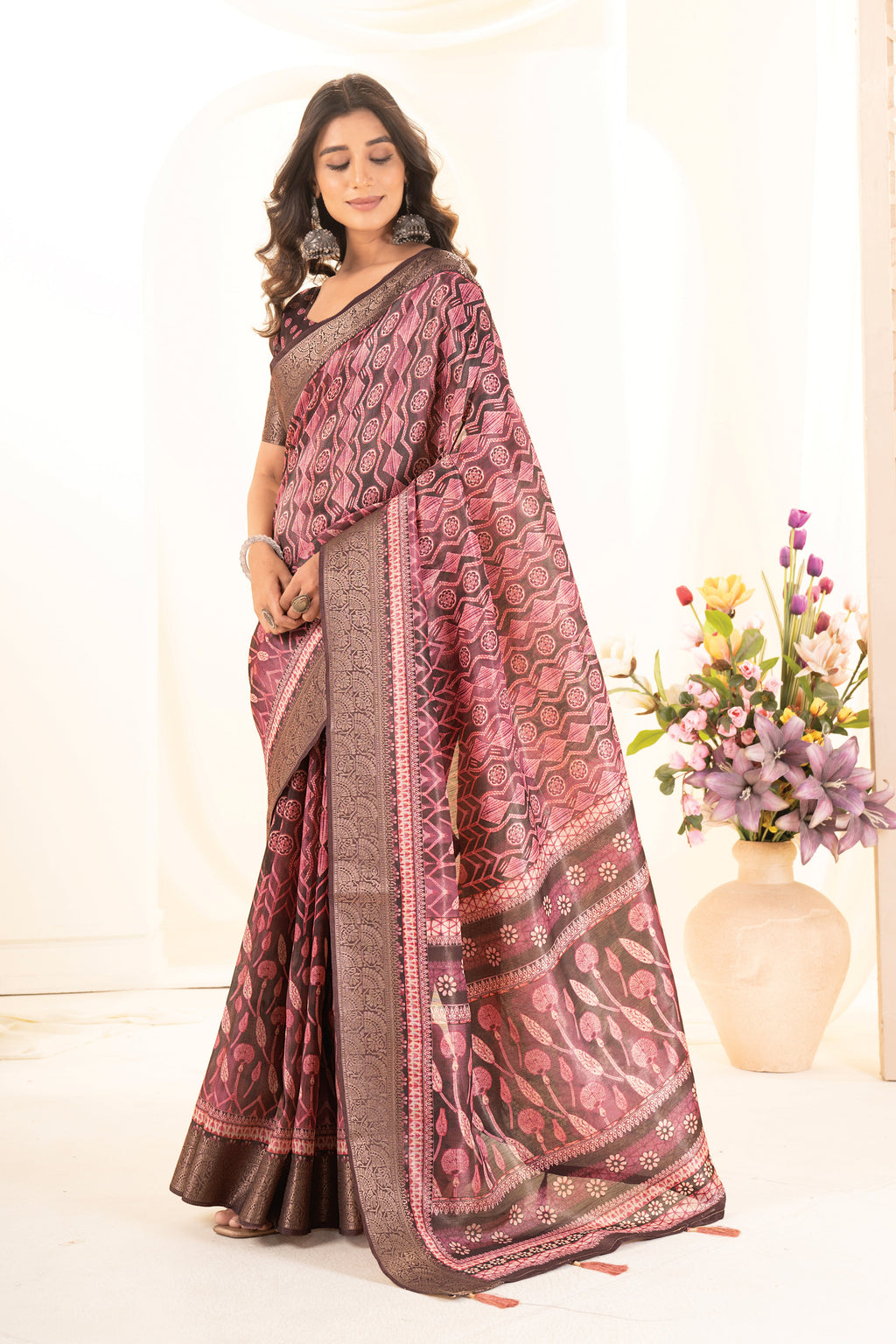Cherry Red Ajrak Print Tusser Silk Saree