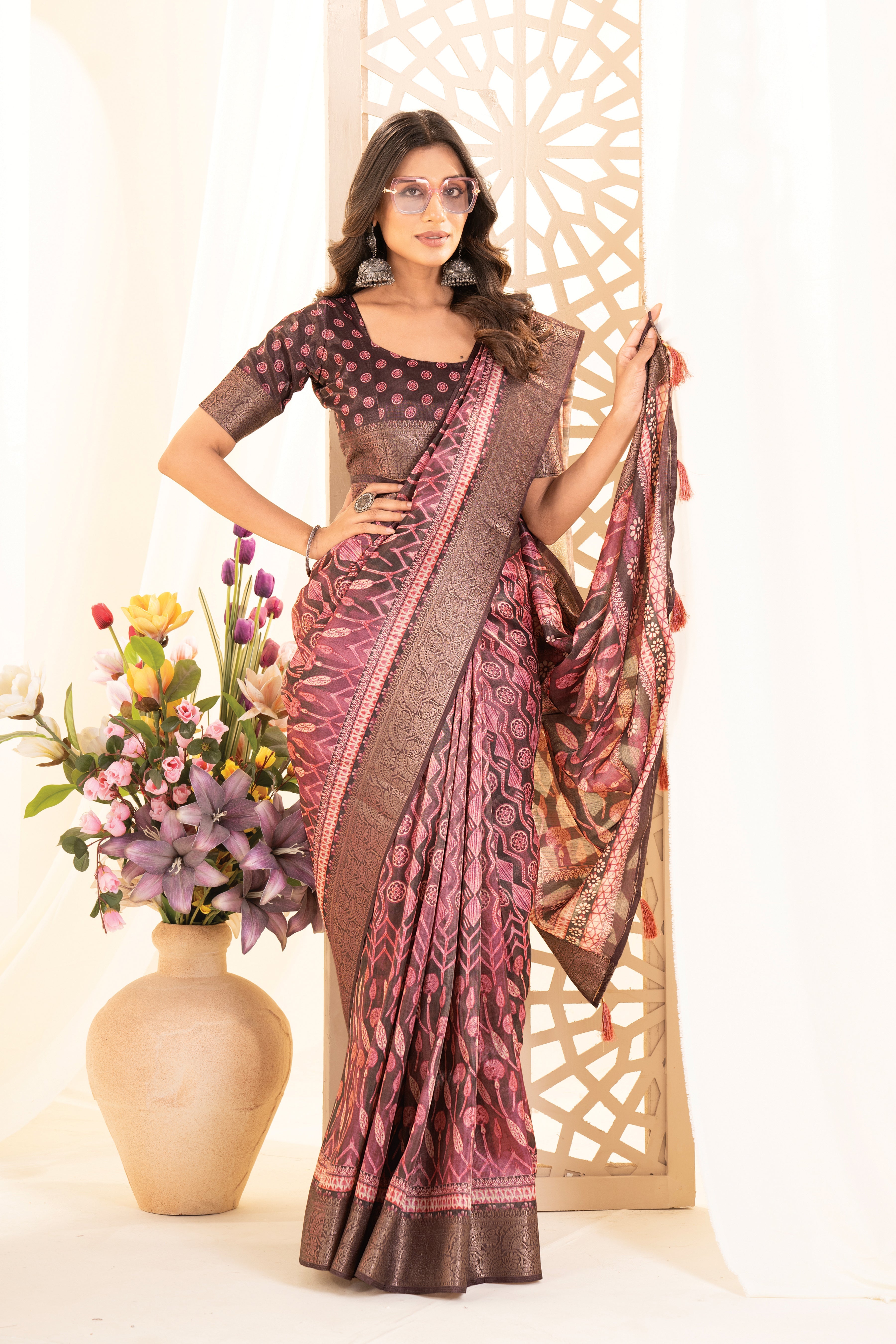 Cherry Red Ajrak Print Tusser Silk Saree