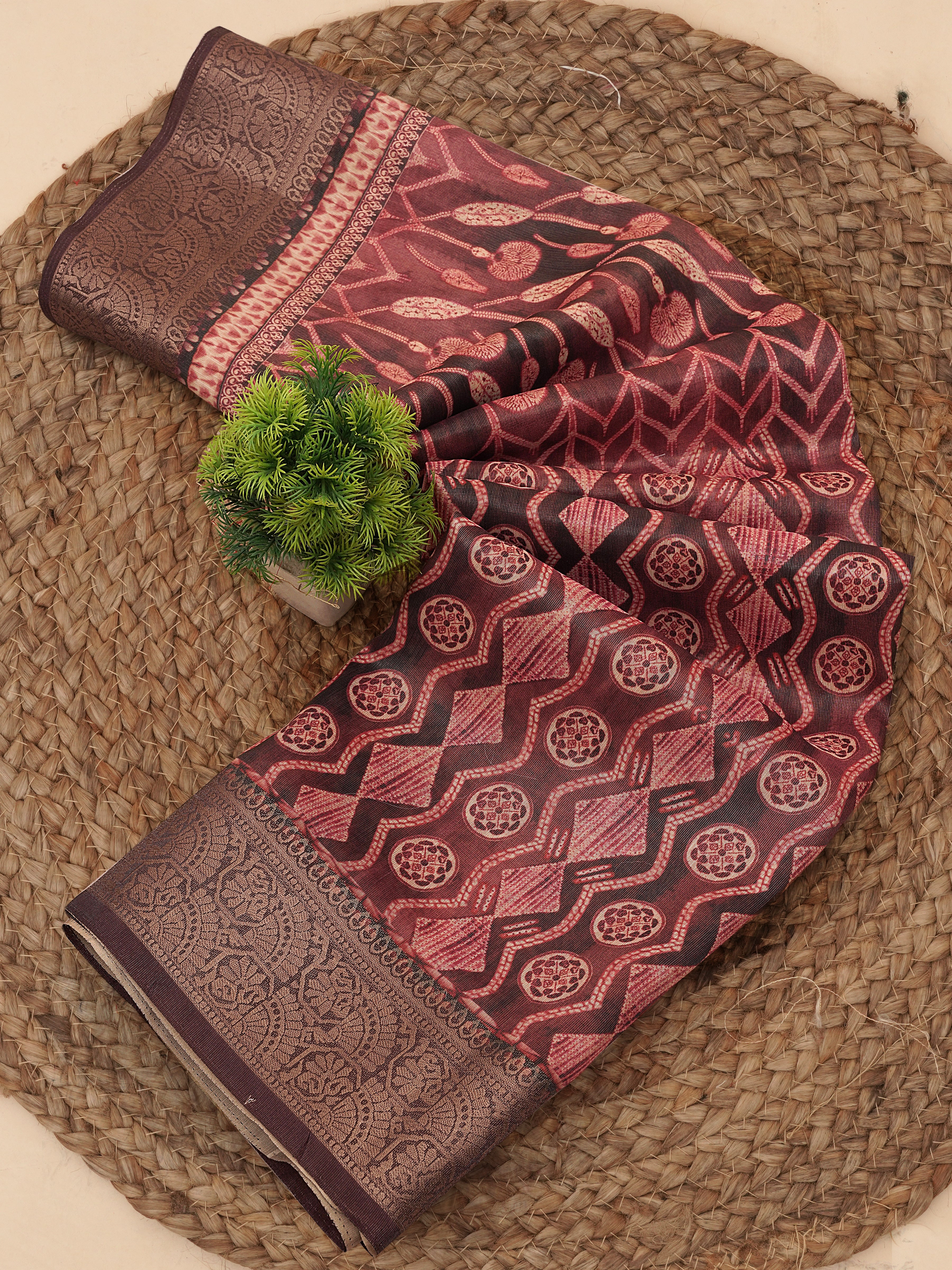 Cherry Red Ajrak Print Tusser Silk Saree