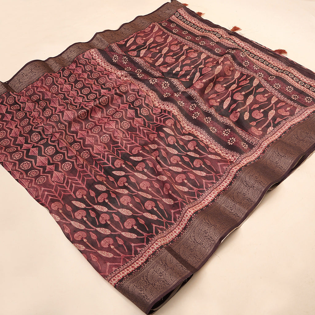 Cherry Red Ajrak Print Tusser Silk Saree