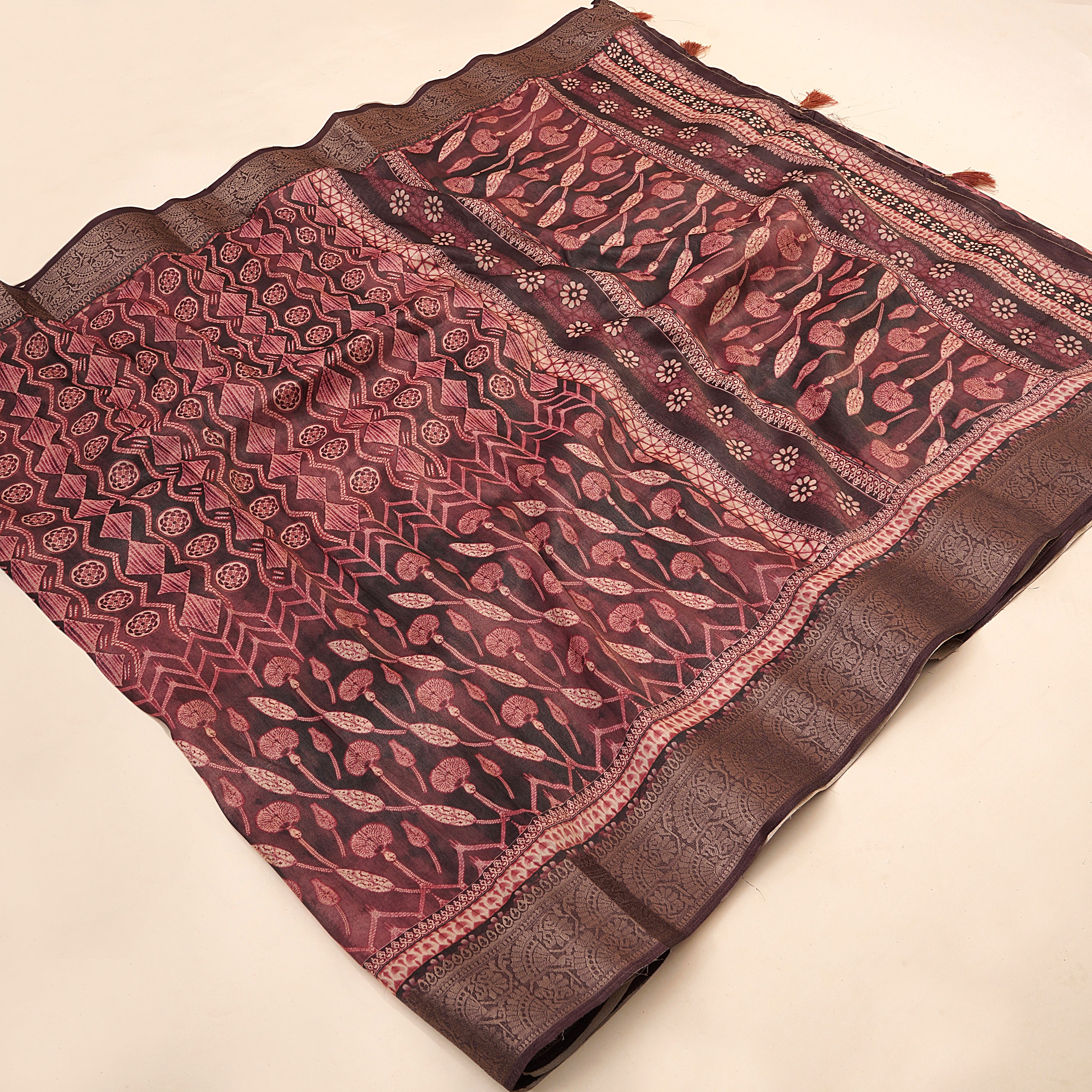 Cherry Red Ajrak Print Tusser Silk Saree