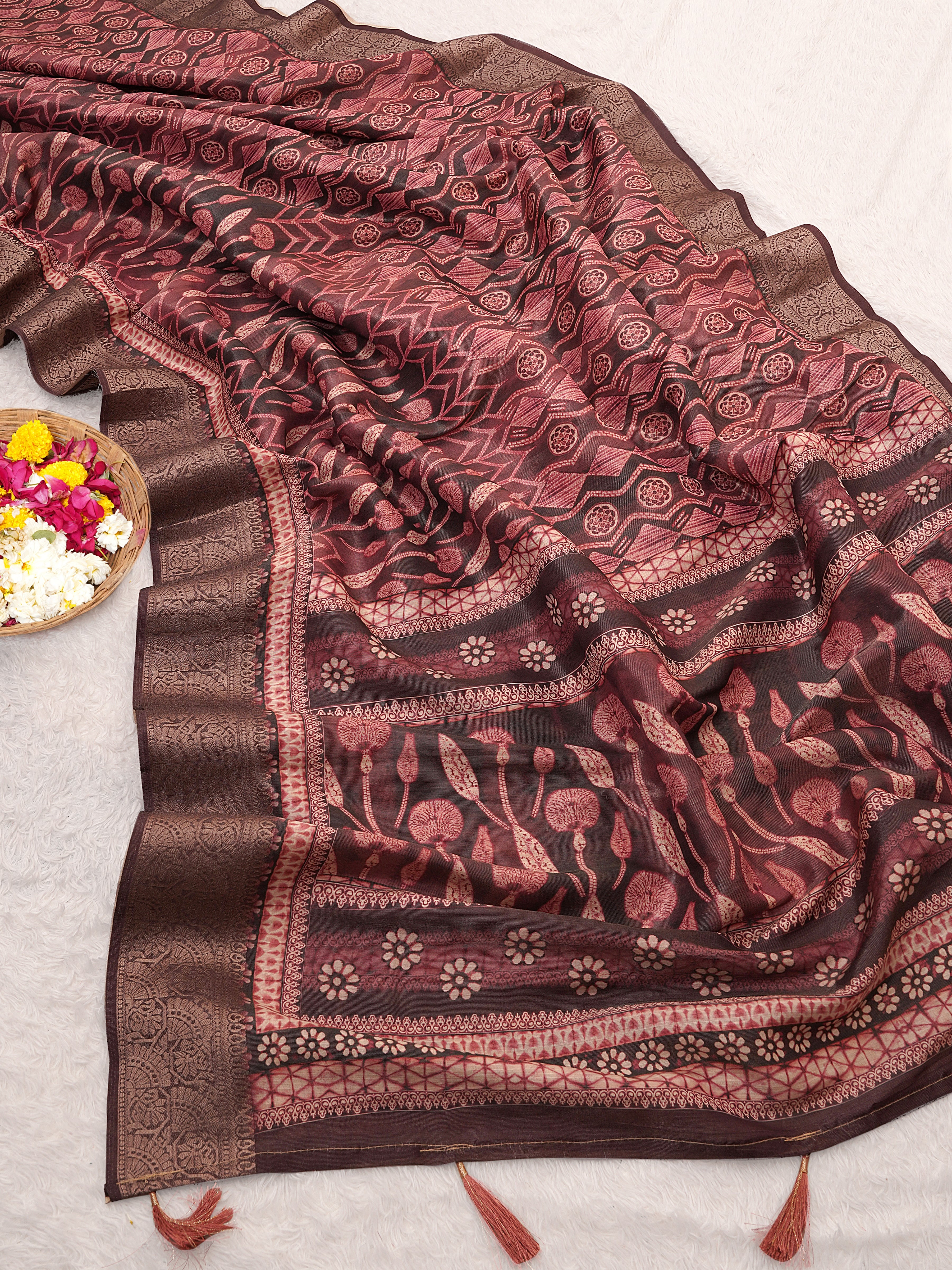 Cherry Red Ajrak Print Tusser Silk Saree
