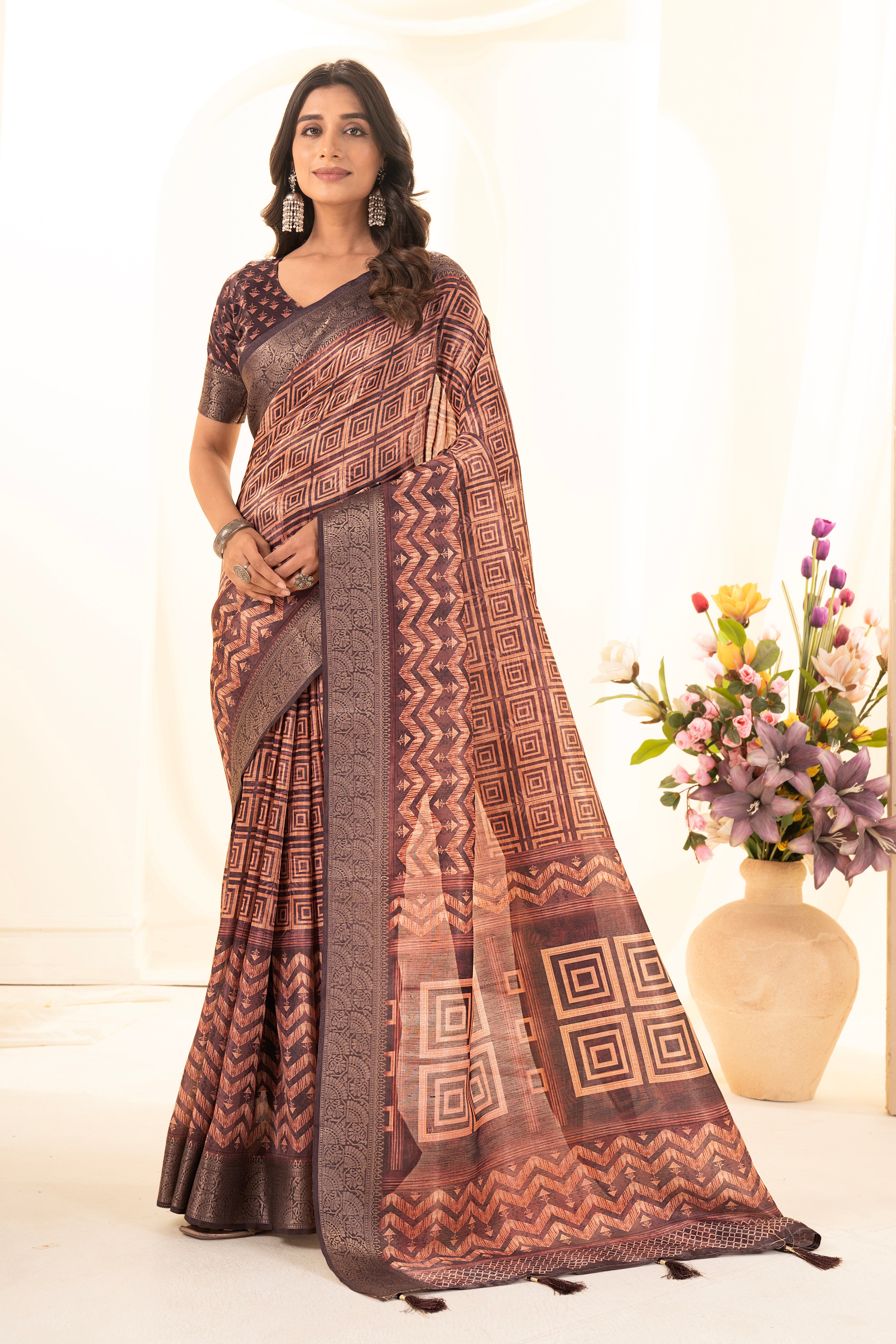 Maroon Ajrak Print Tusser Silk Saree