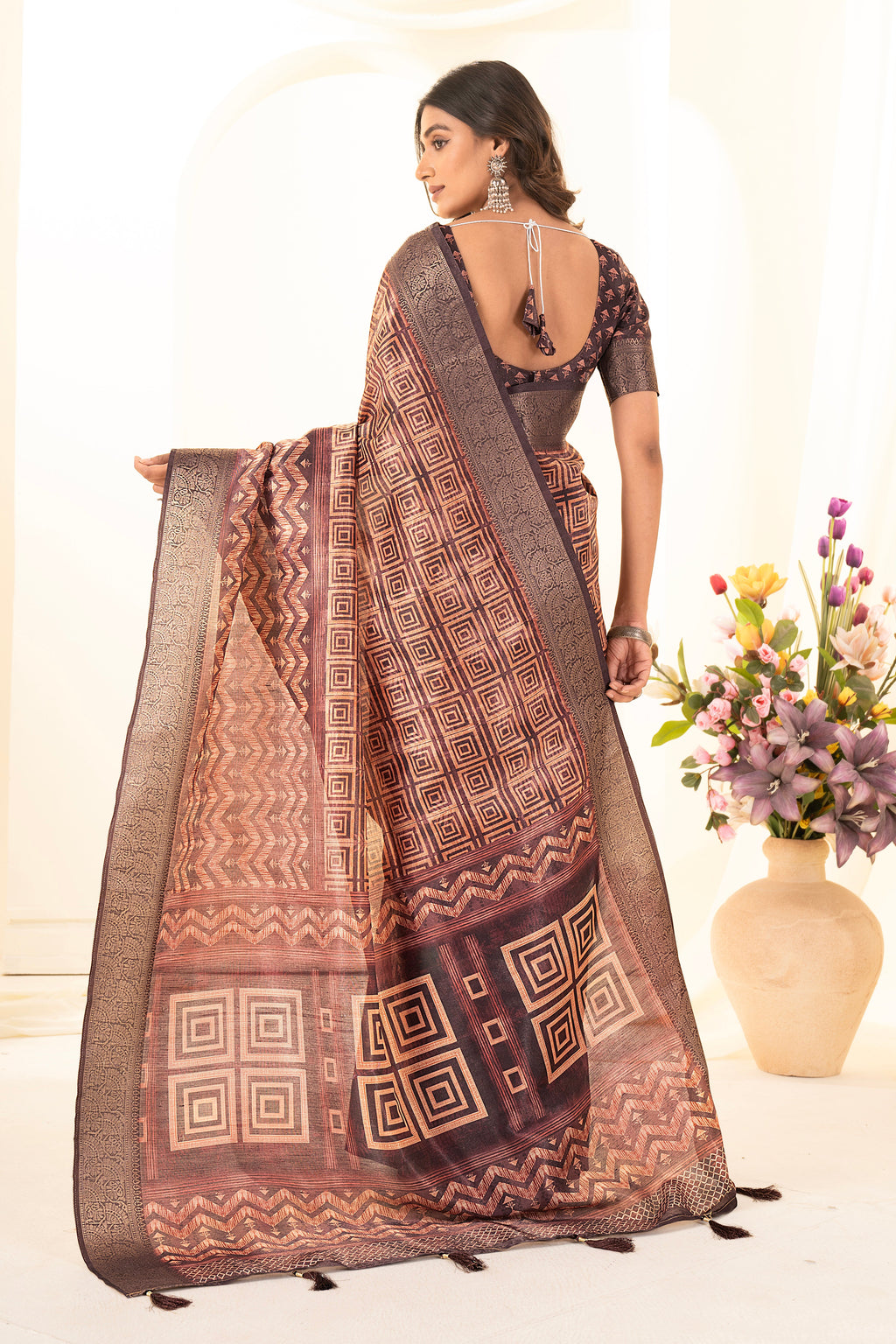 Maroon Ajrak Print Tusser Silk Saree