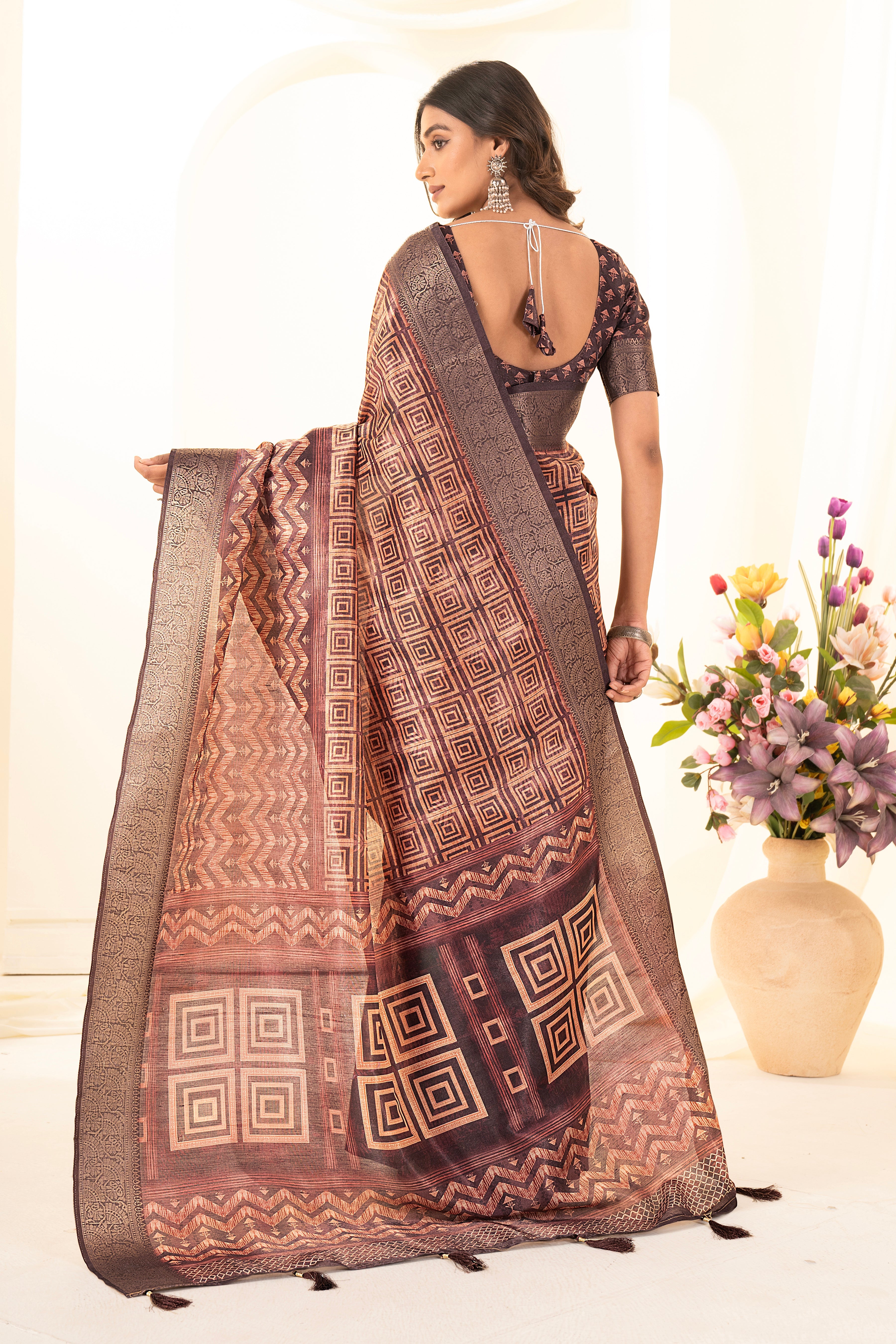 Maroon Ajrak Print Tusser Silk Saree