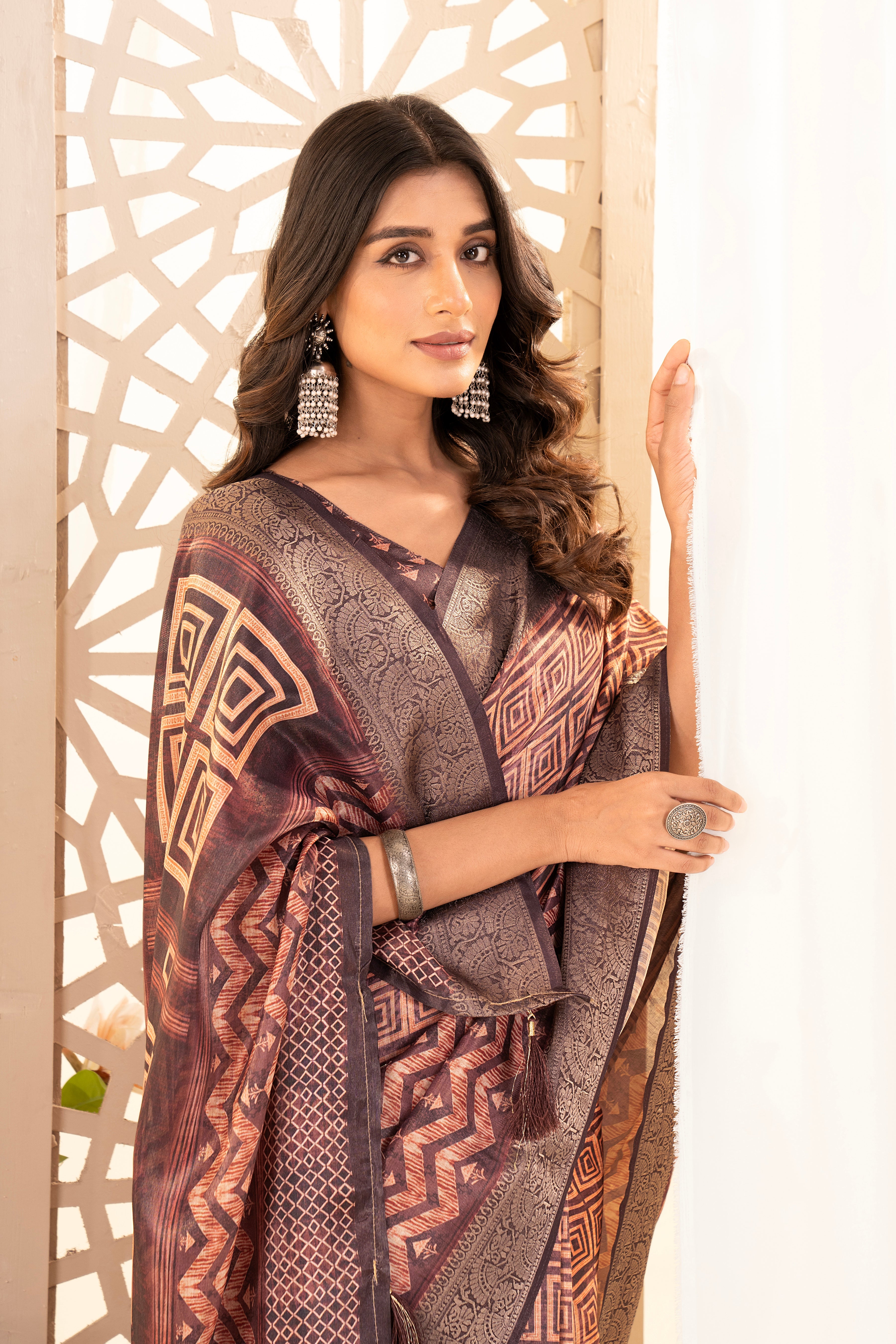 Maroon Ajrak Print Tusser Silk Saree