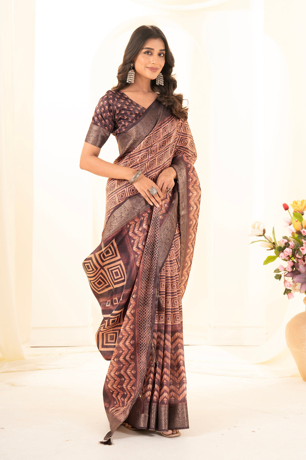 Maroon Ajrak Print Tusser Silk Saree