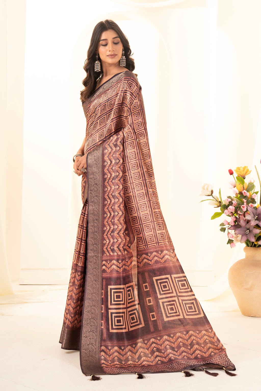 Maroon Ajrak Print Tusser Silk Saree