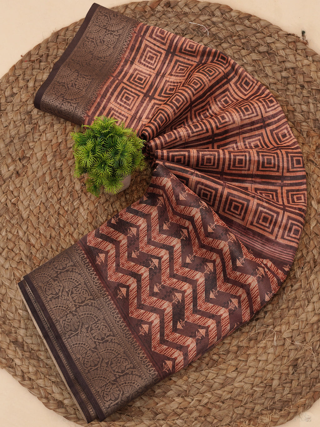 Maroon Ajrak Print Tusser Silk Saree