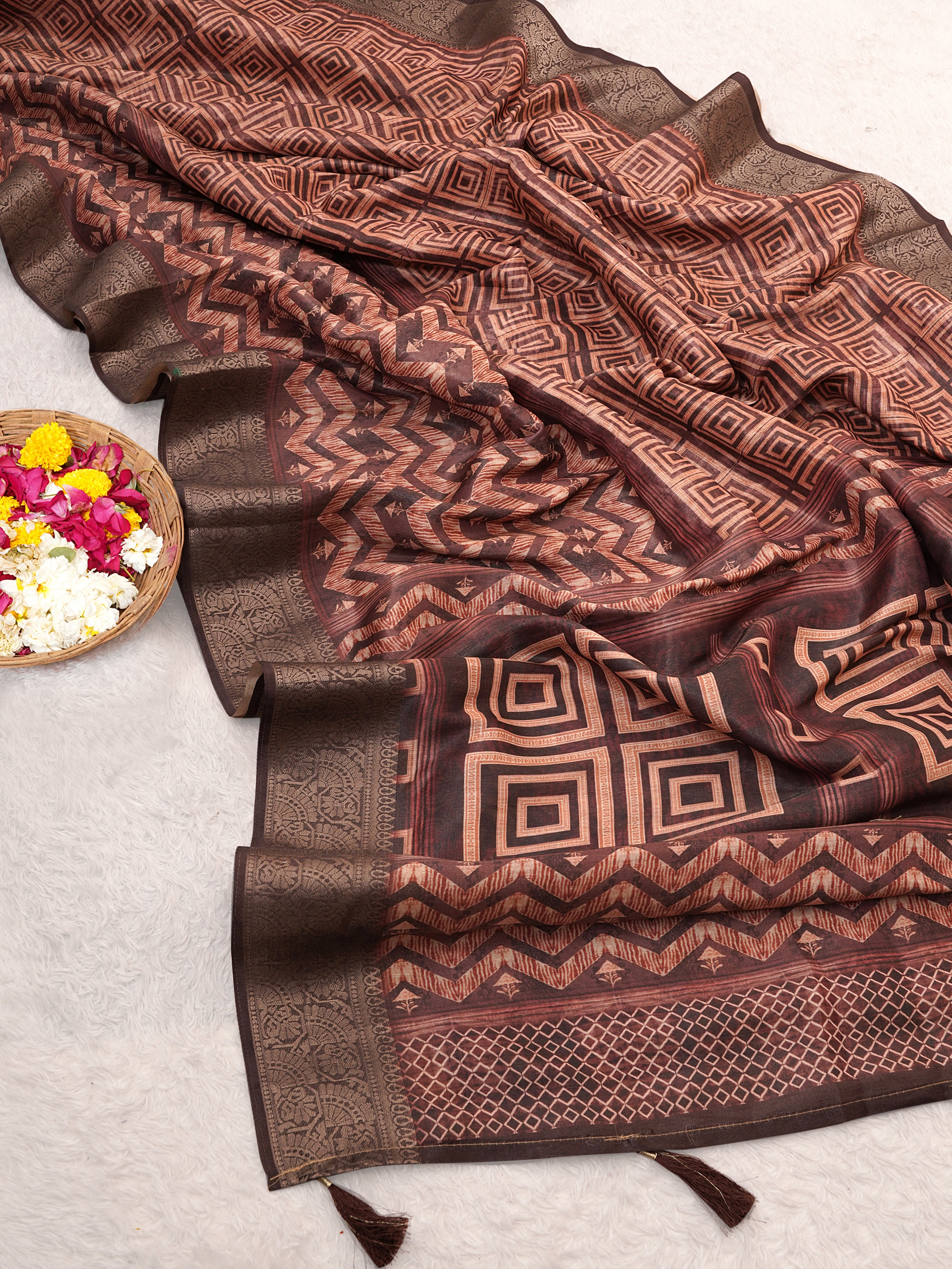 Maroon Ajrak Print Tusser Silk Saree