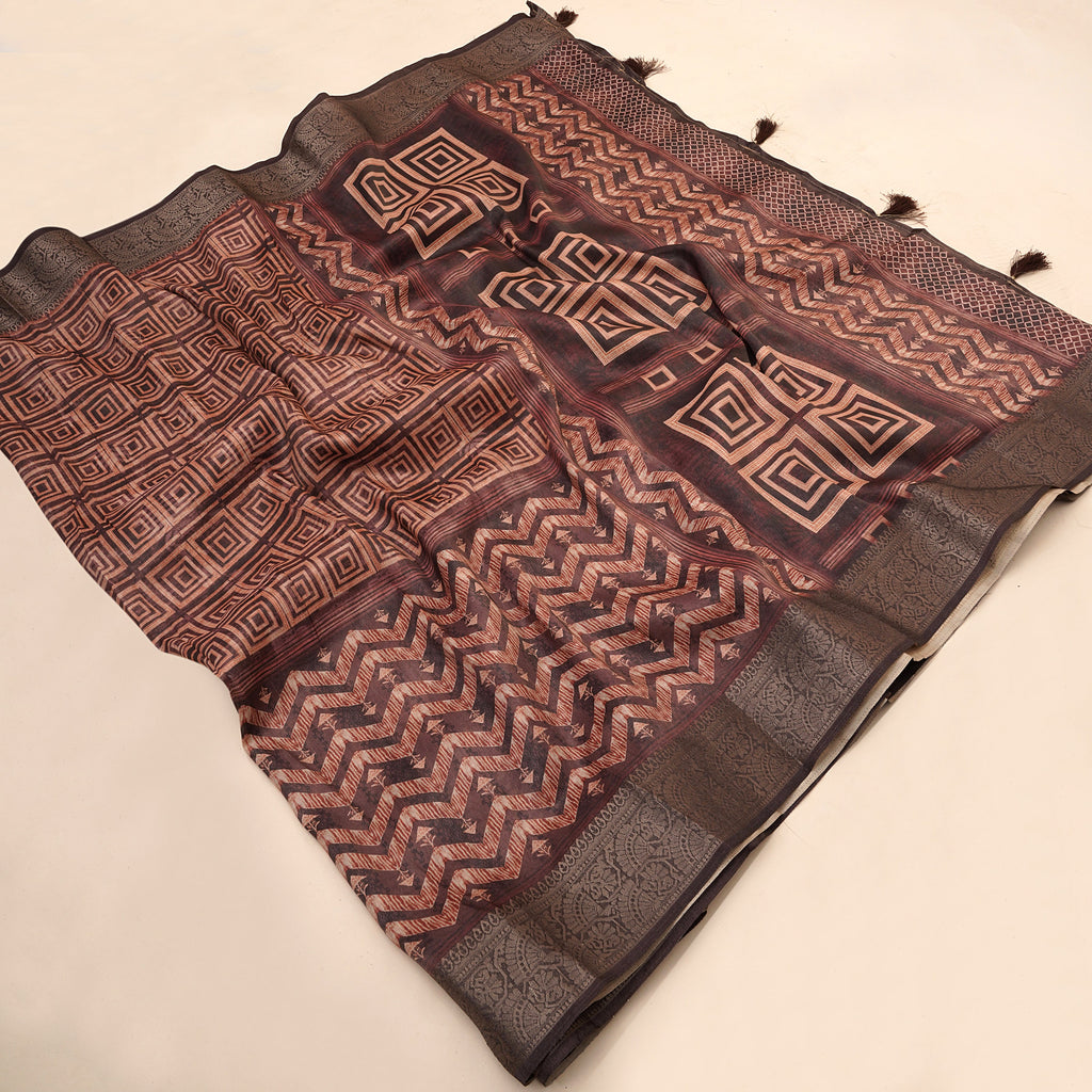 Maroon Ajrak Print Tusser Silk Saree