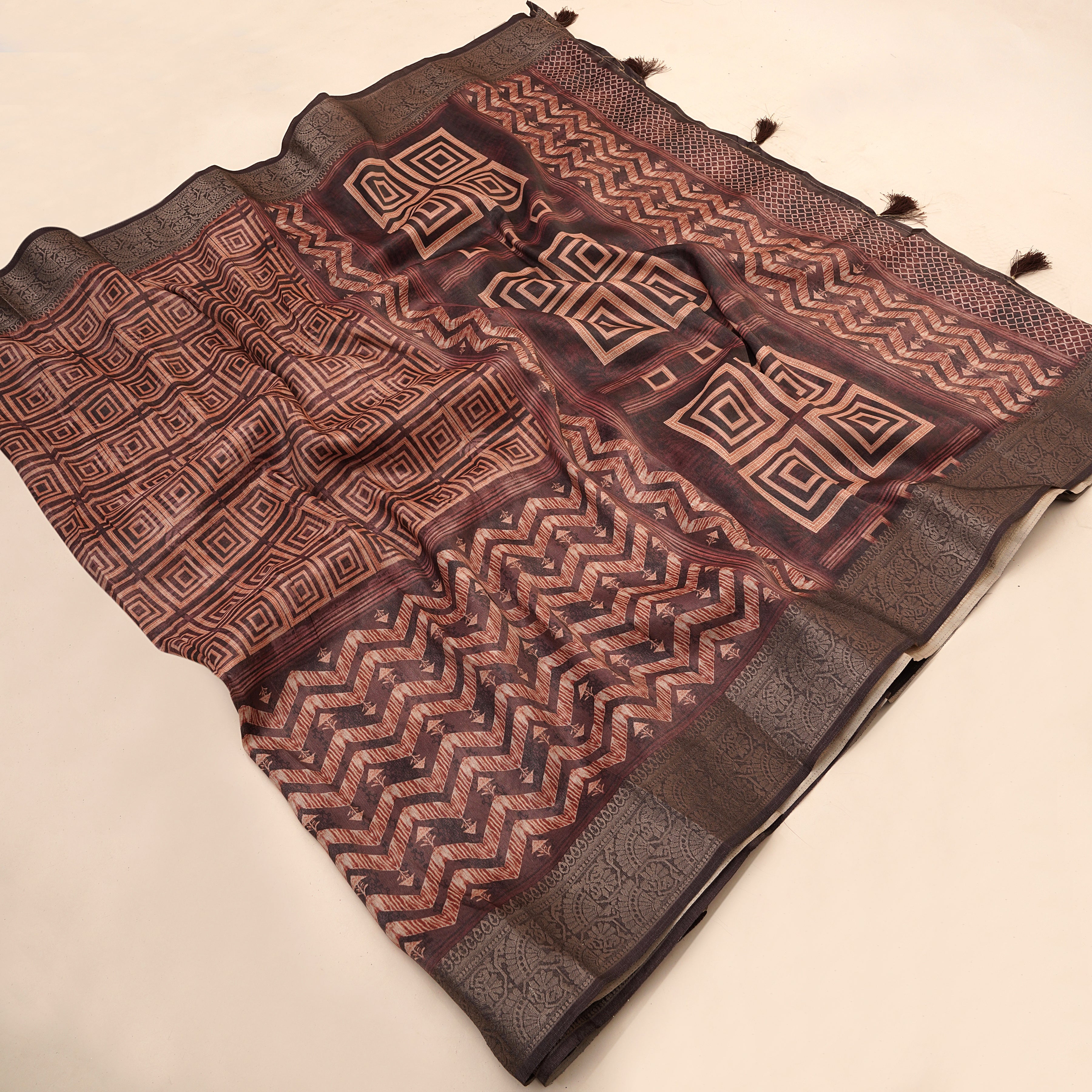 Maroon Ajrak Print Tusser Silk Saree