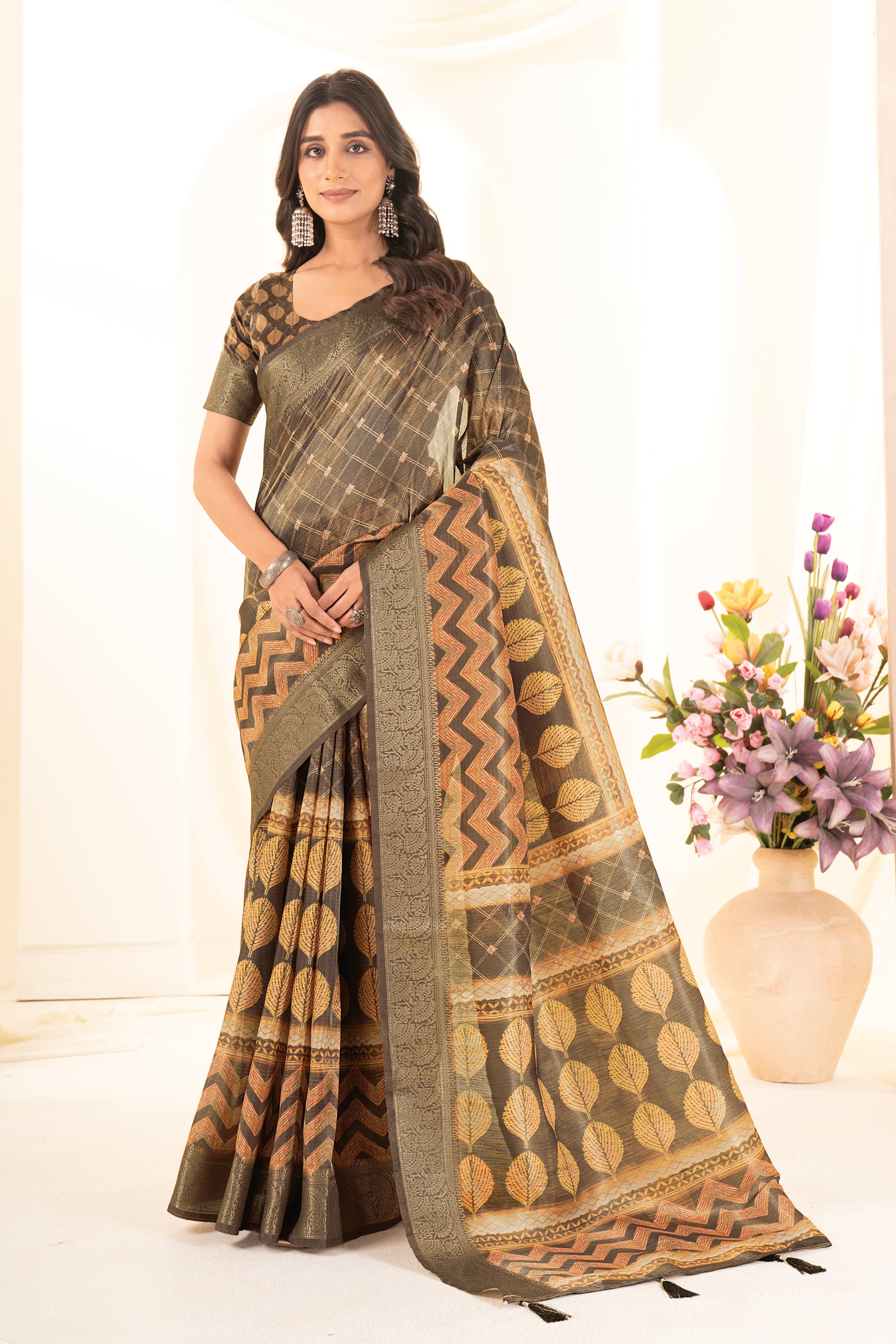Mustard Digital Geometric & Leaf Motifs Print Tusser Silk Saree
