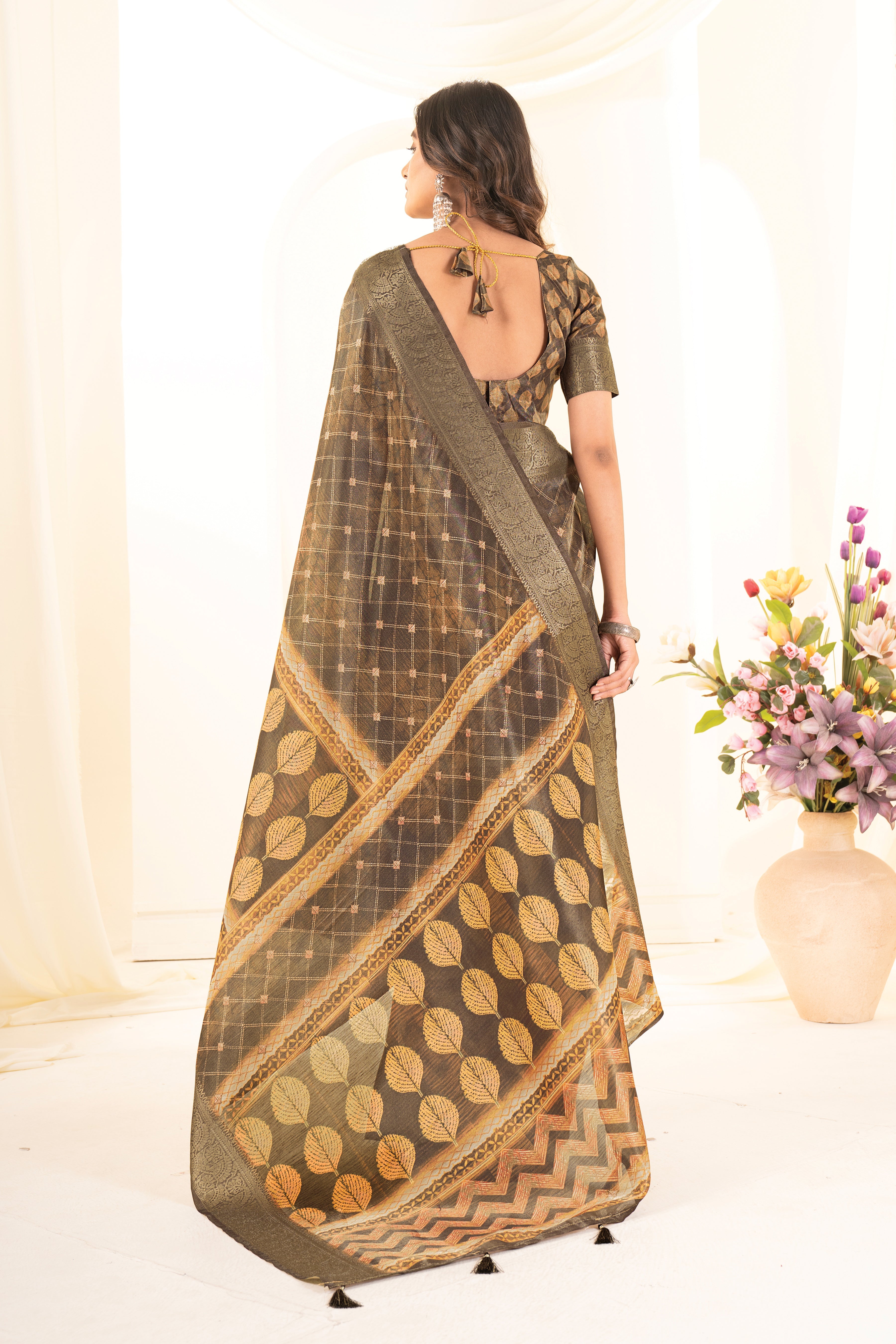 Mustard Digital Geometric & Leaf Motifs Print Tusser Silk Saree