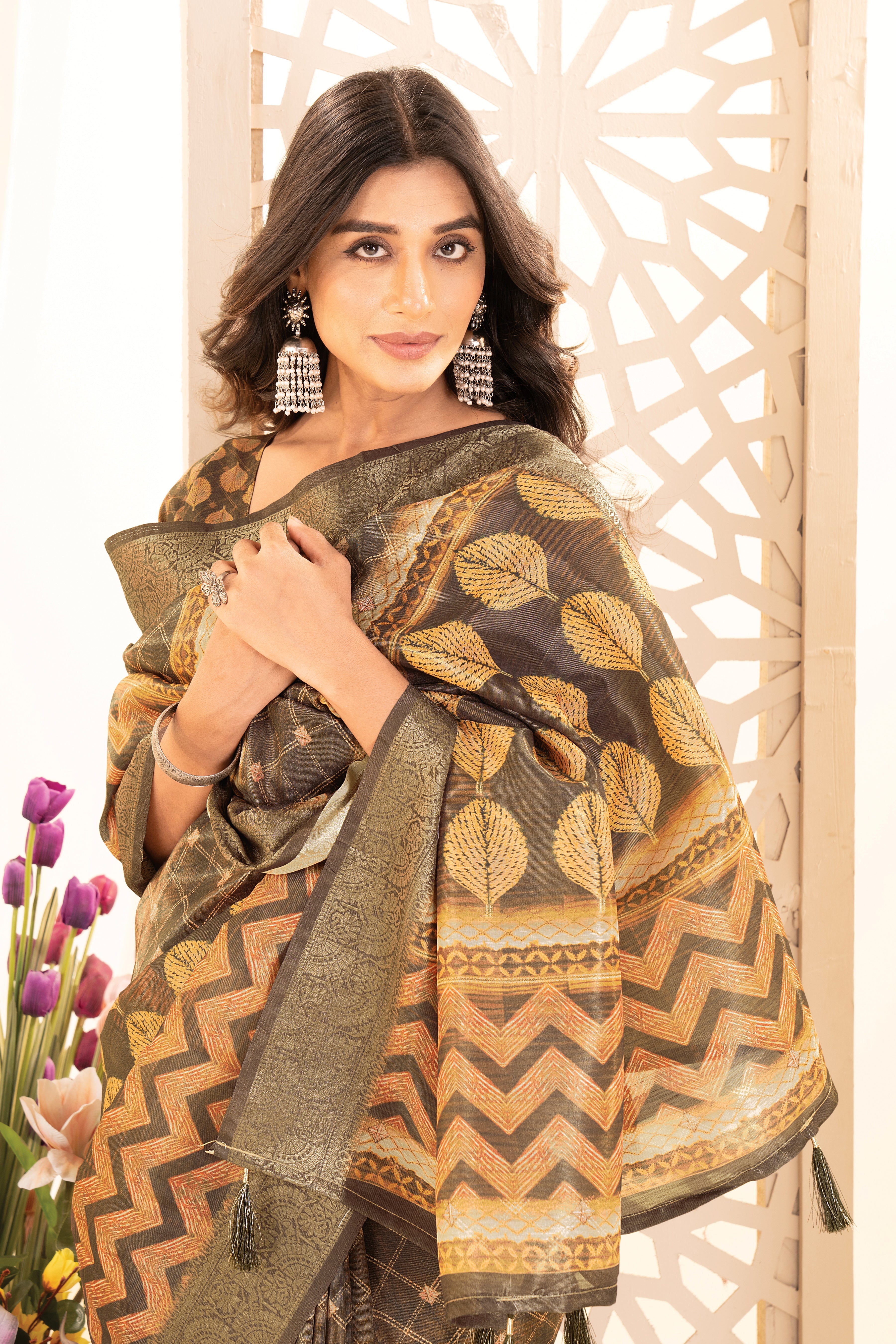 Mustard Digital Geometric & Leaf Motifs Print Tusser Silk Saree