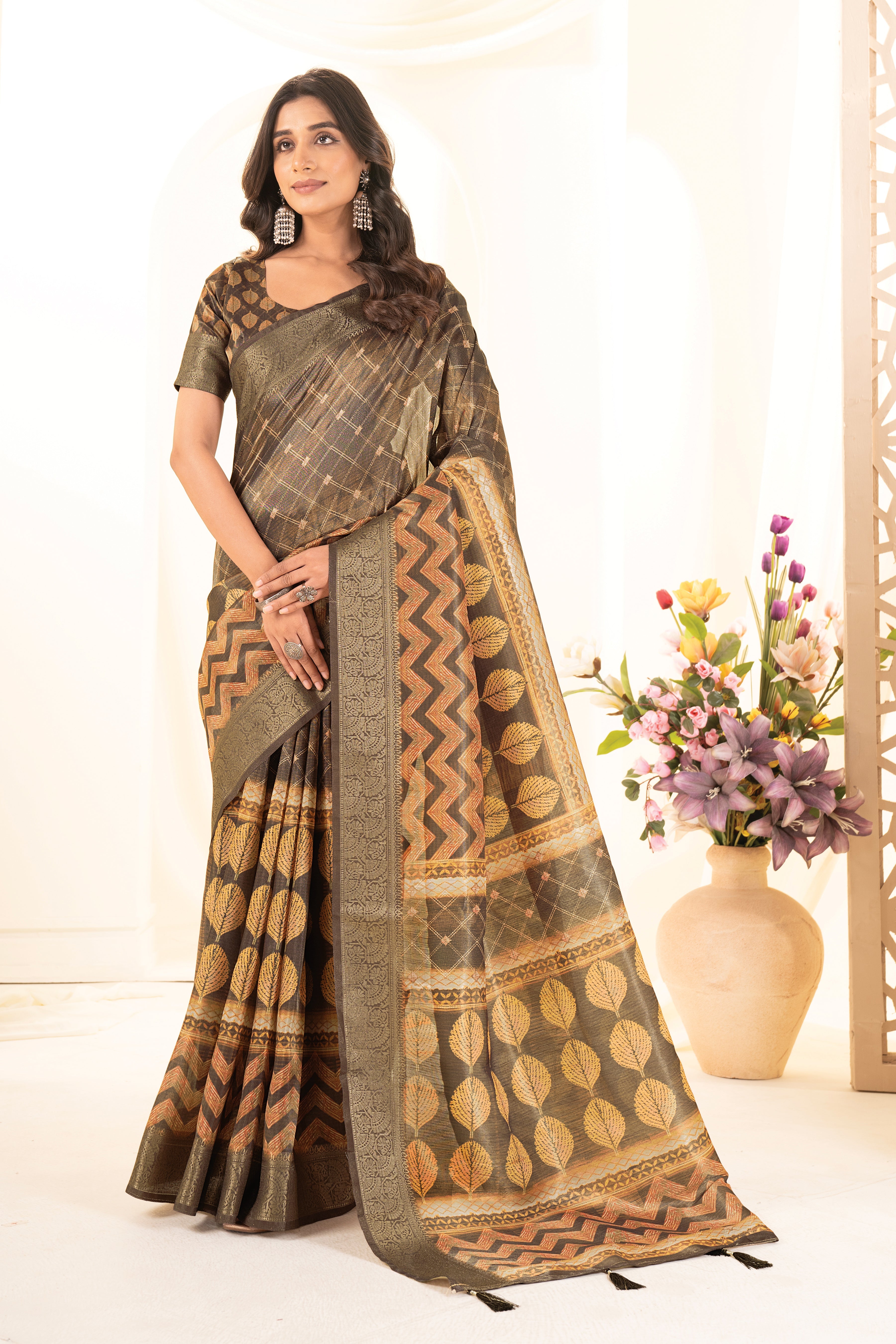 Mustard Digital Geometric & Leaf Motifs Print Tusser Silk Saree