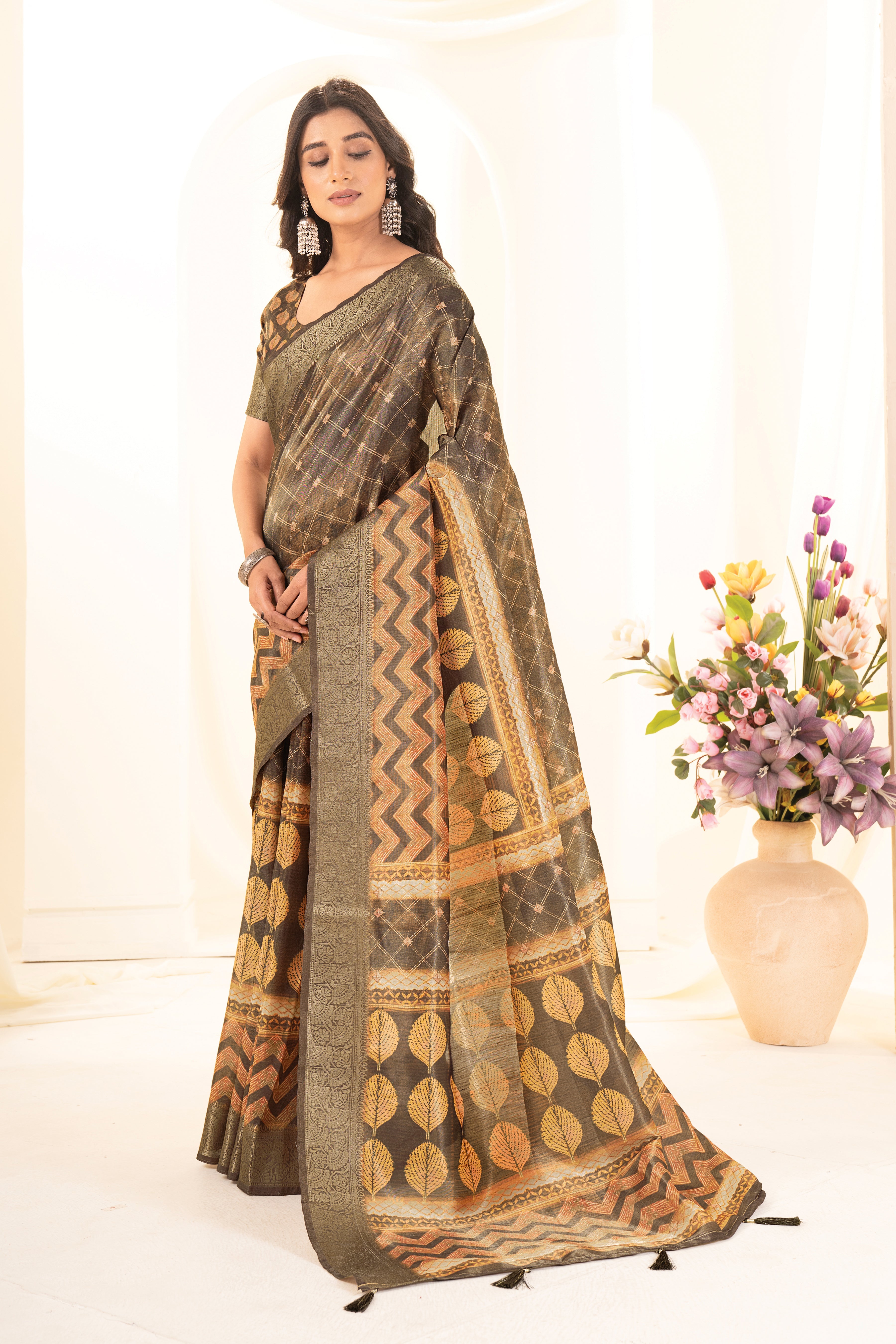 Mustard Digital Geometric & Leaf Motifs Print Tusser Silk Saree