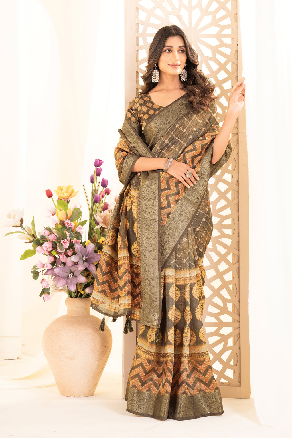 Mustard Digital Geometric & Leaf Motifs Print Tusser Silk Saree