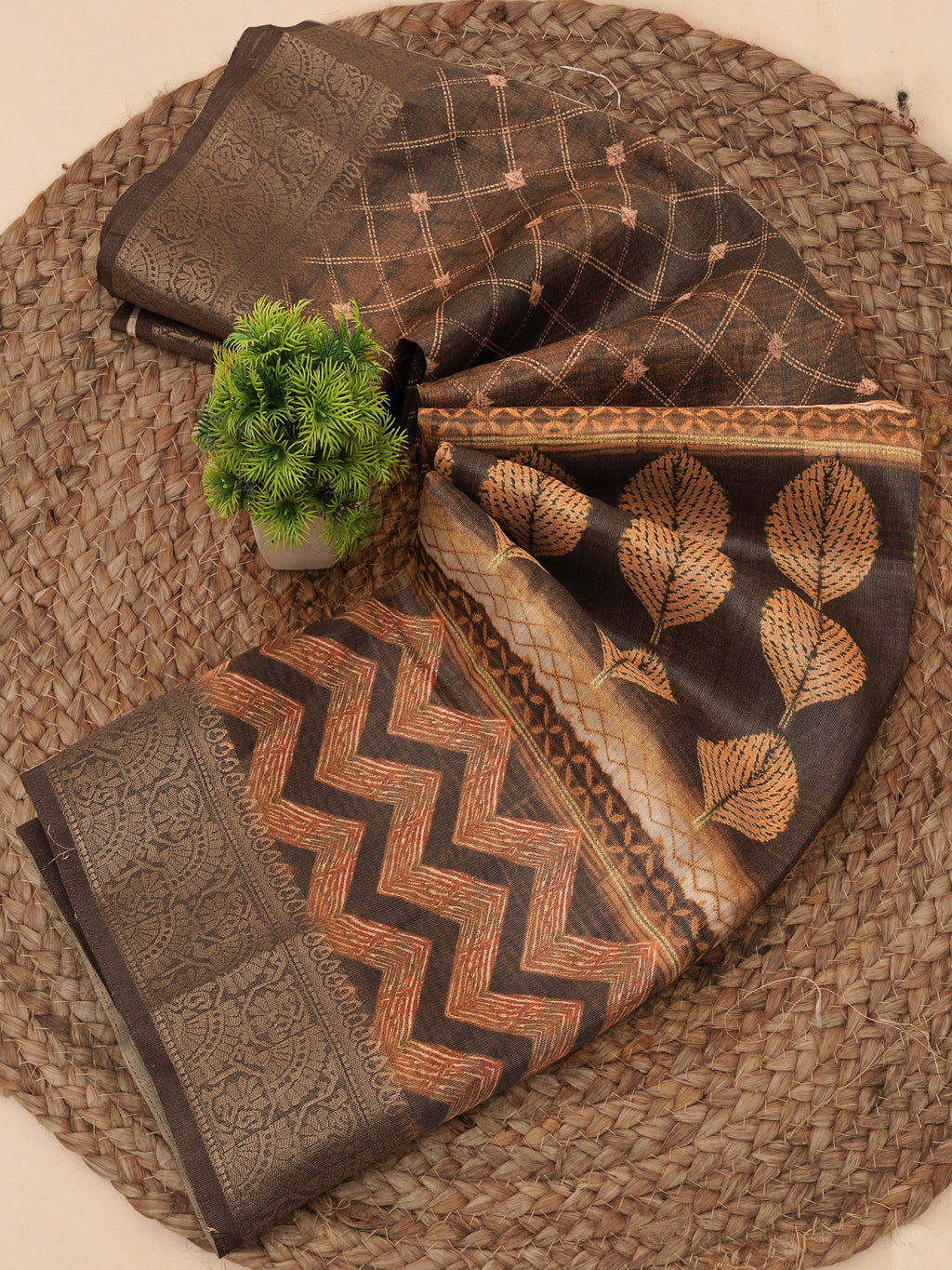 Mustard Digital Geometric & Leaf Motifs Print Tusser Silk Saree