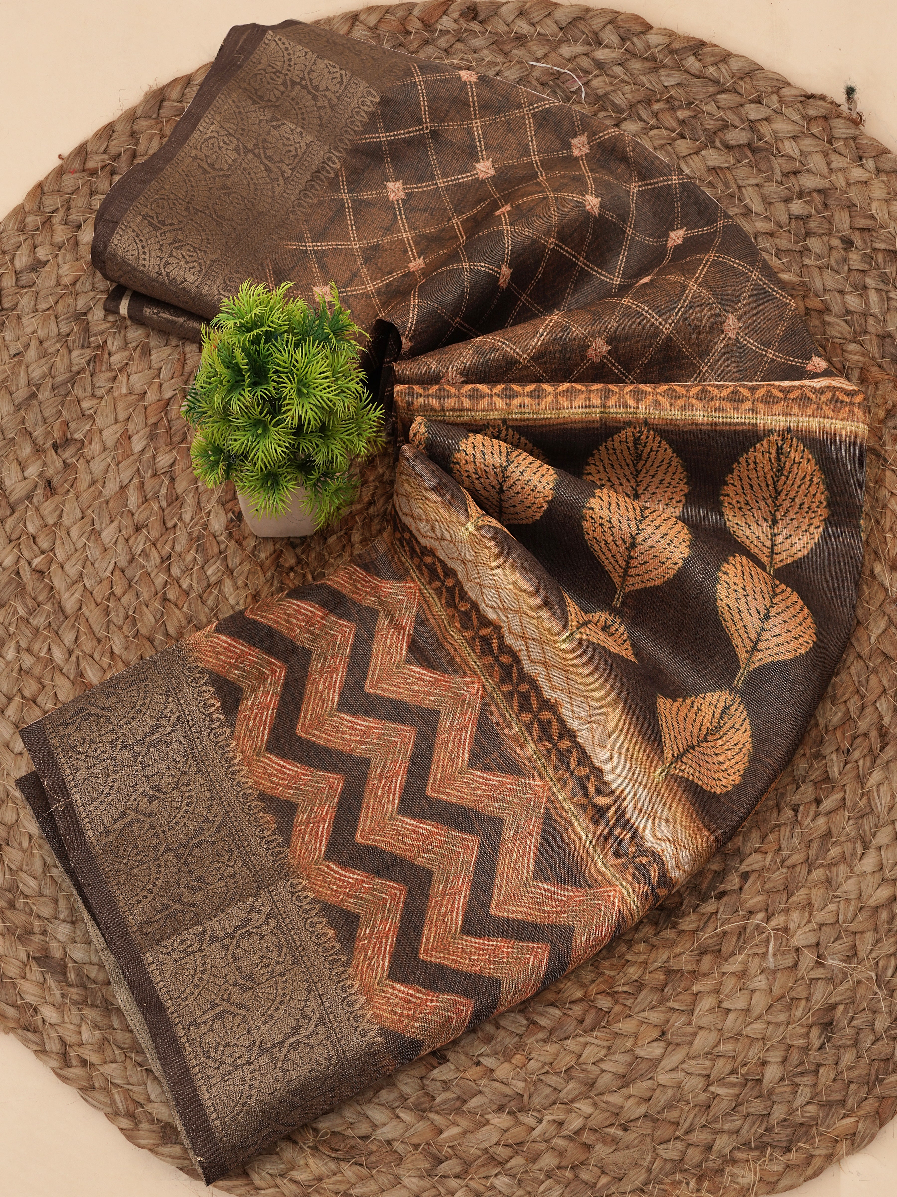 Mustard Digital Geometric & Leaf Motifs Print Tusser Silk Saree