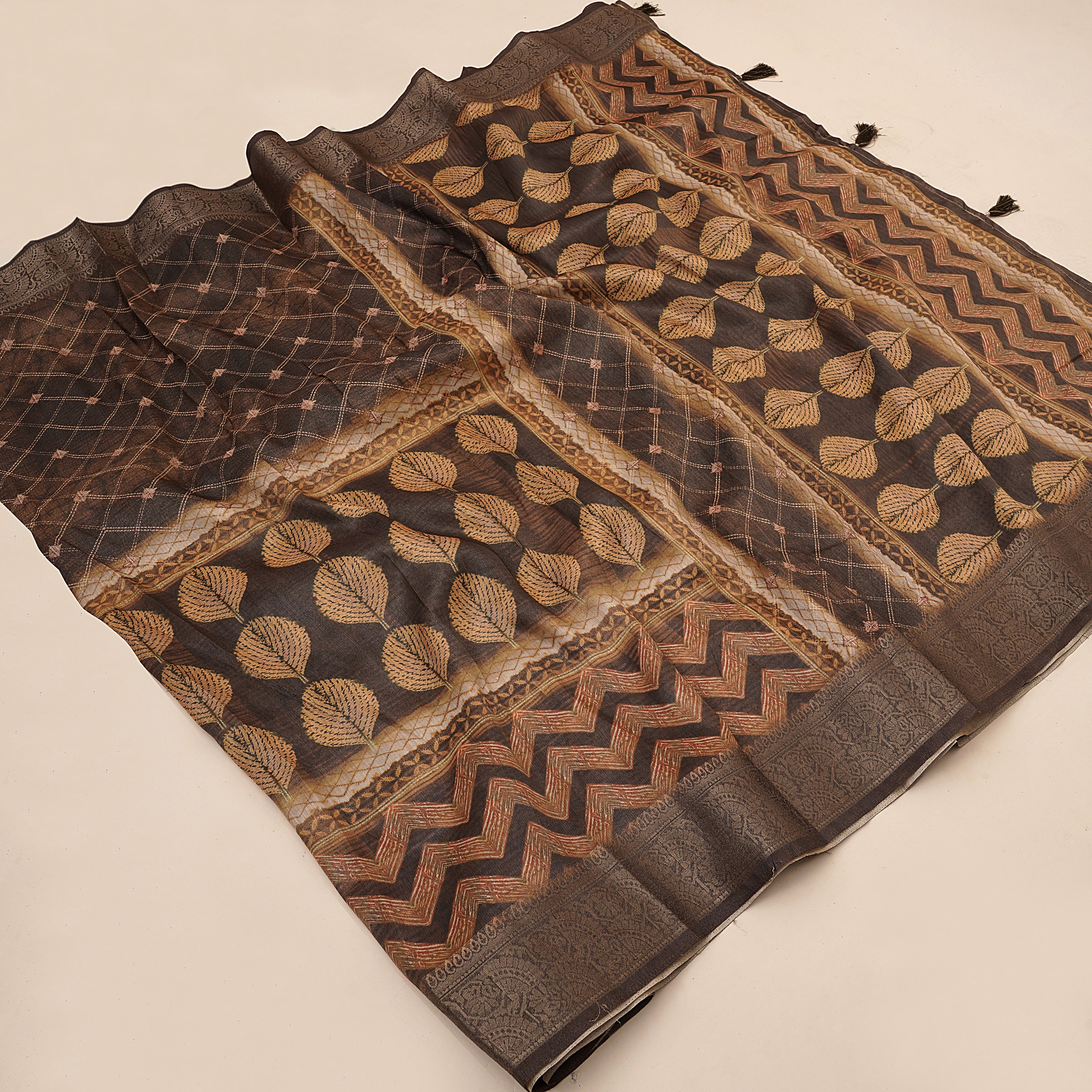 Mustard Digital Geometric & Leaf Motifs Print Tusser Silk Saree