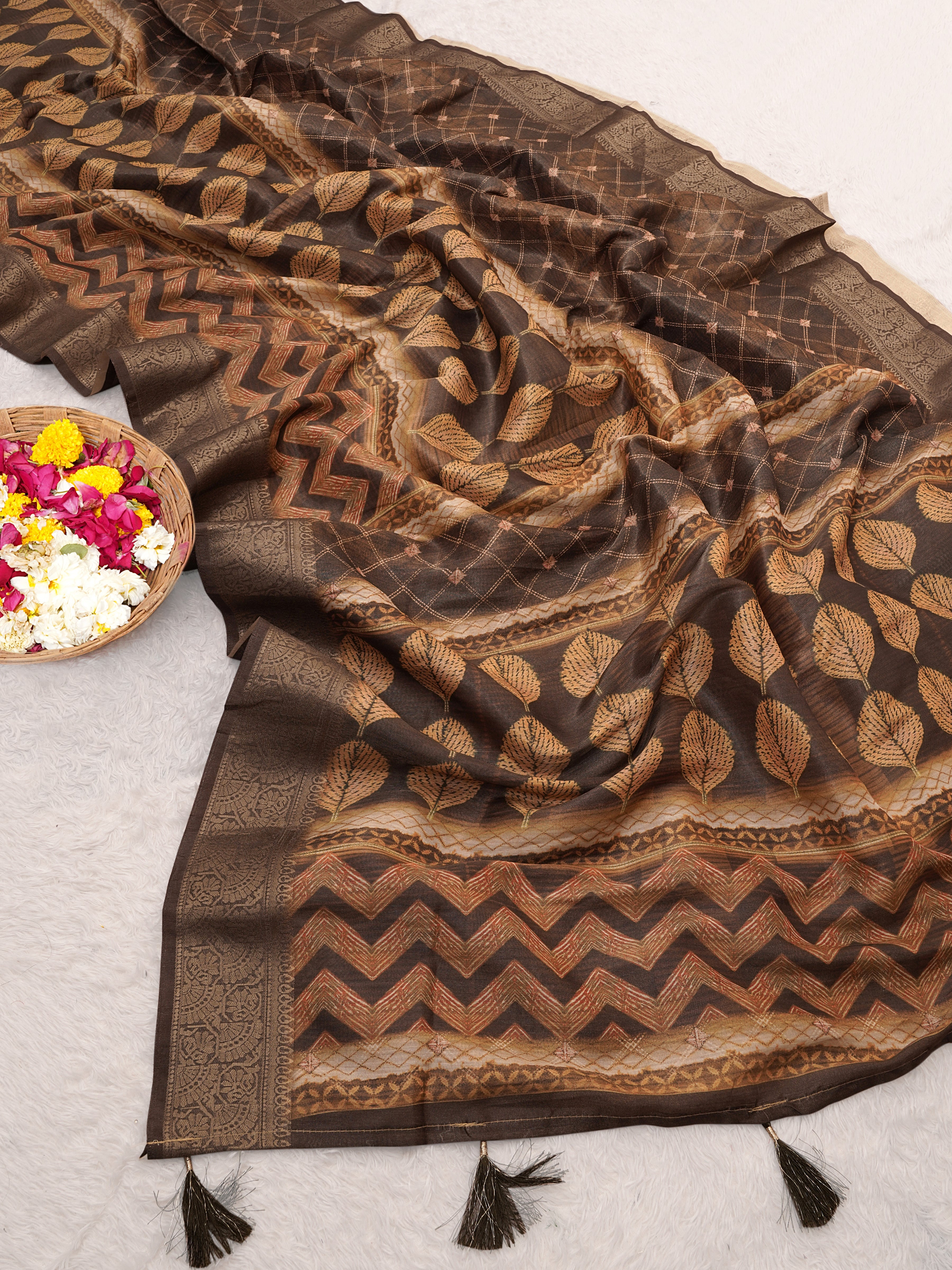 Mustard Digital Geometric & Leaf Motifs Print Tusser Silk Saree