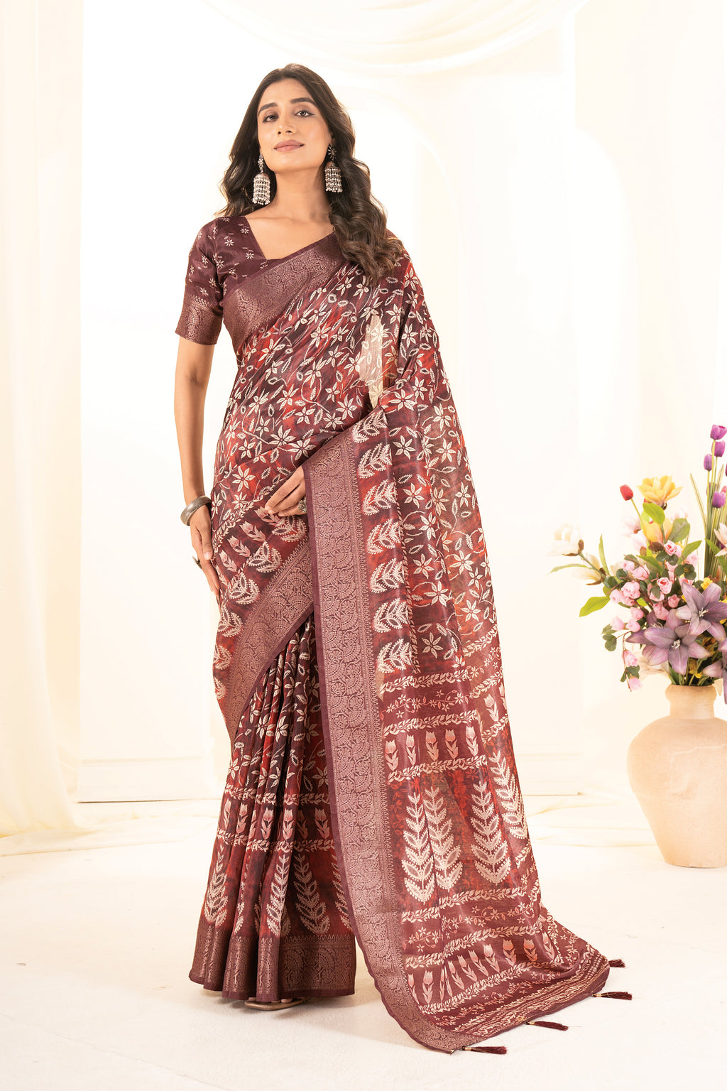 Light Maroon Floral & Leaf Digital Print Tusser Silk Saree