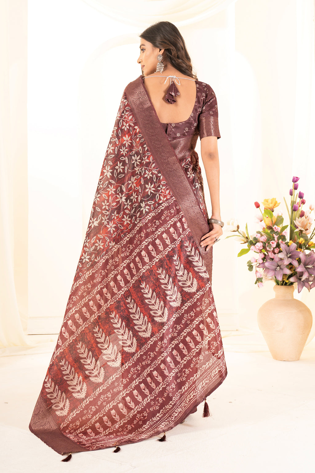 Light Maroon Floral & Leaf Digital Print Tusser Silk Saree