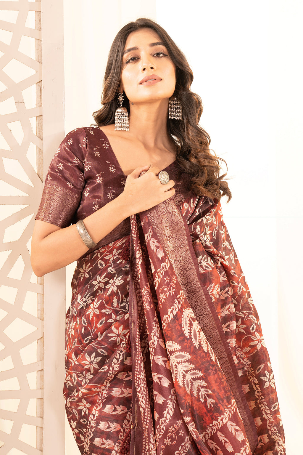 Light Maroon Floral & Leaf Digital Print Tusser Silk Saree