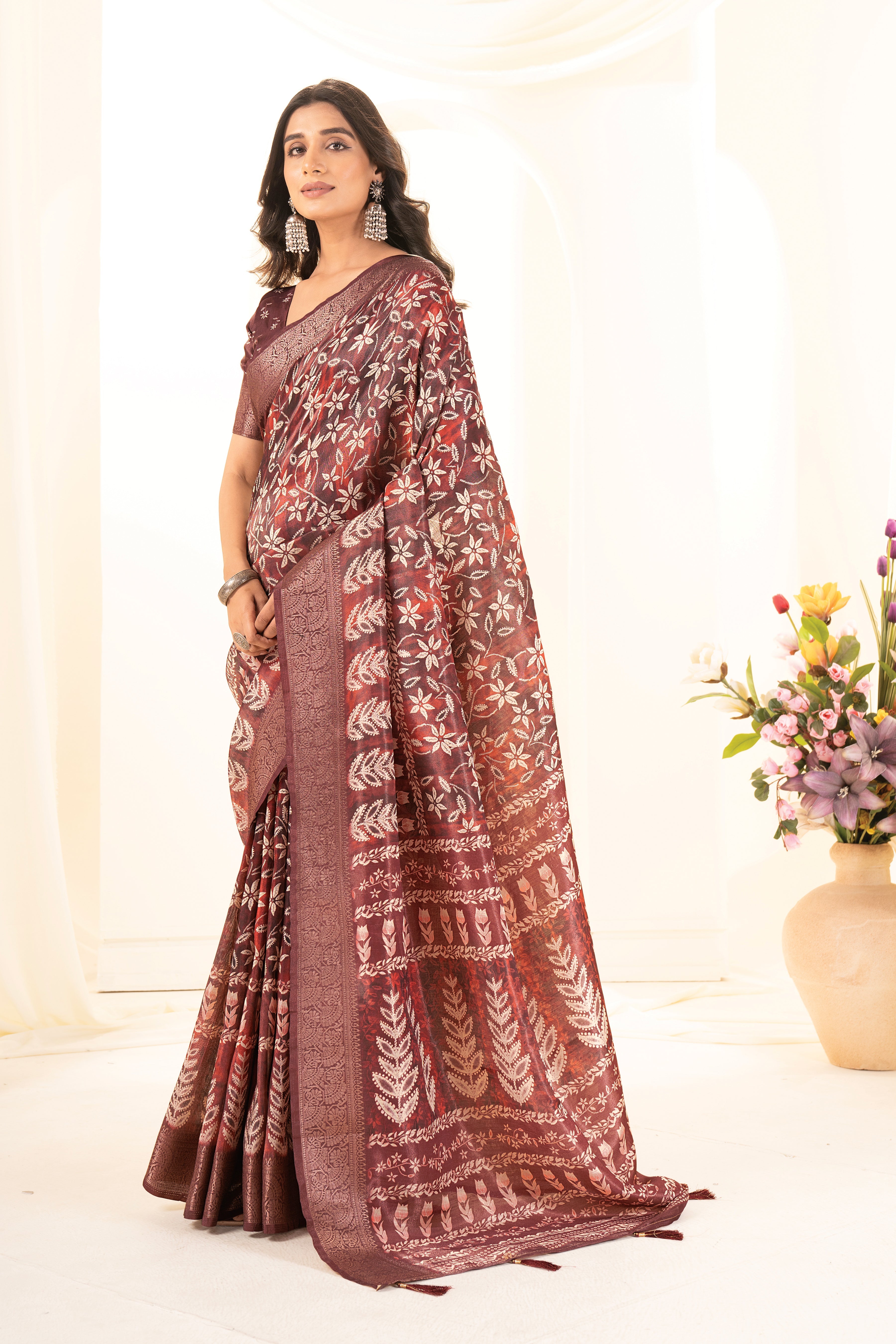 Light Maroon Floral & Leaf Digital Print Tusser Silk Saree