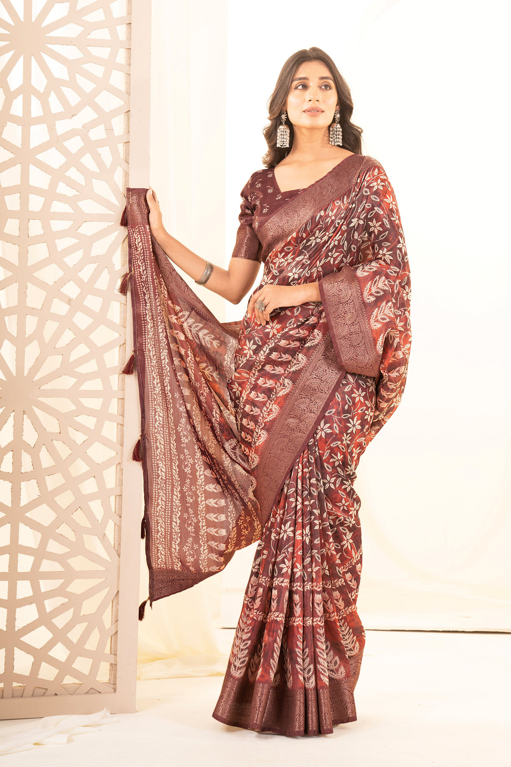 Light Maroon Floral & Leaf Digital Print Tusser Silk Saree