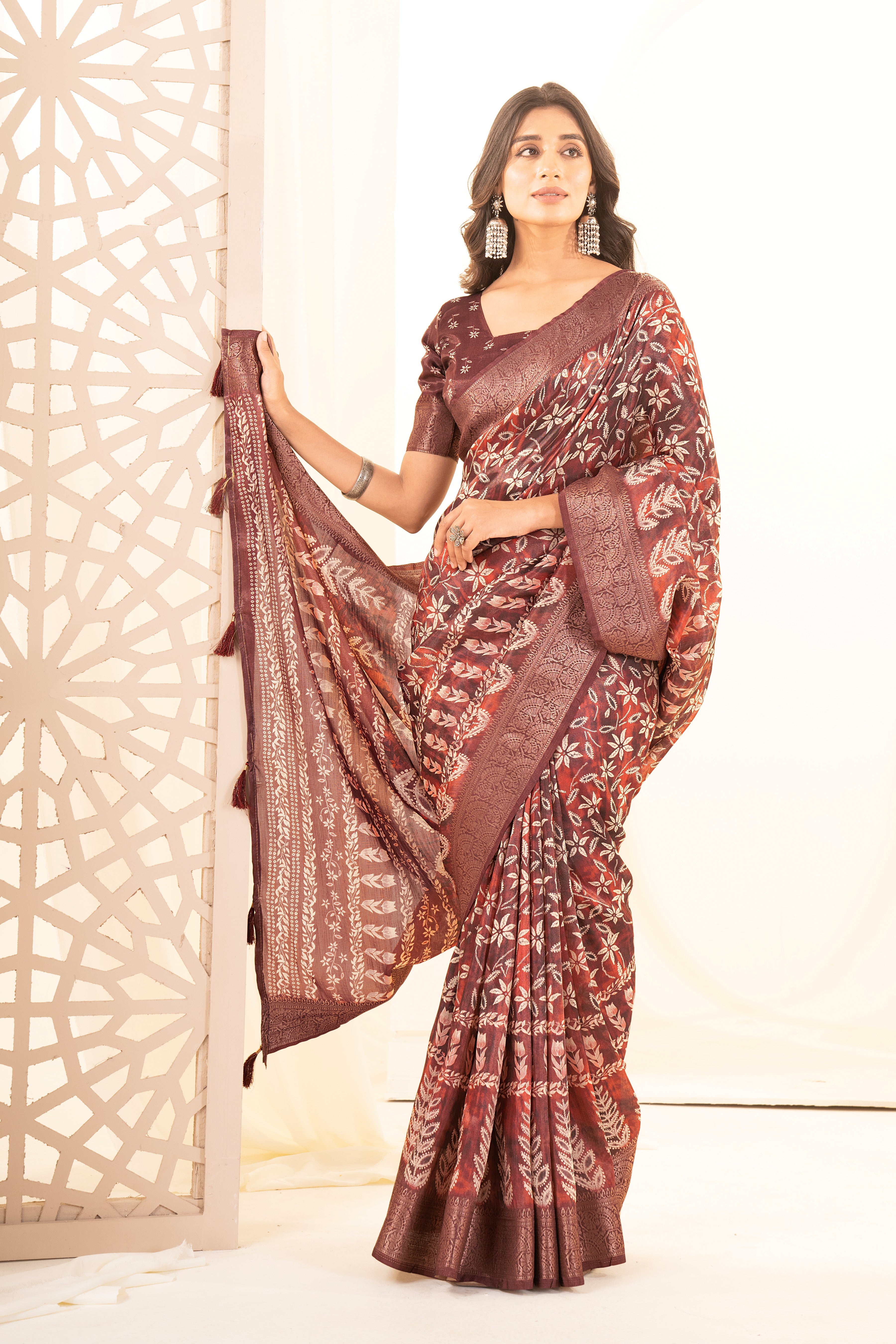 Light Maroon Floral & Leaf Digital Print Tusser Silk Saree