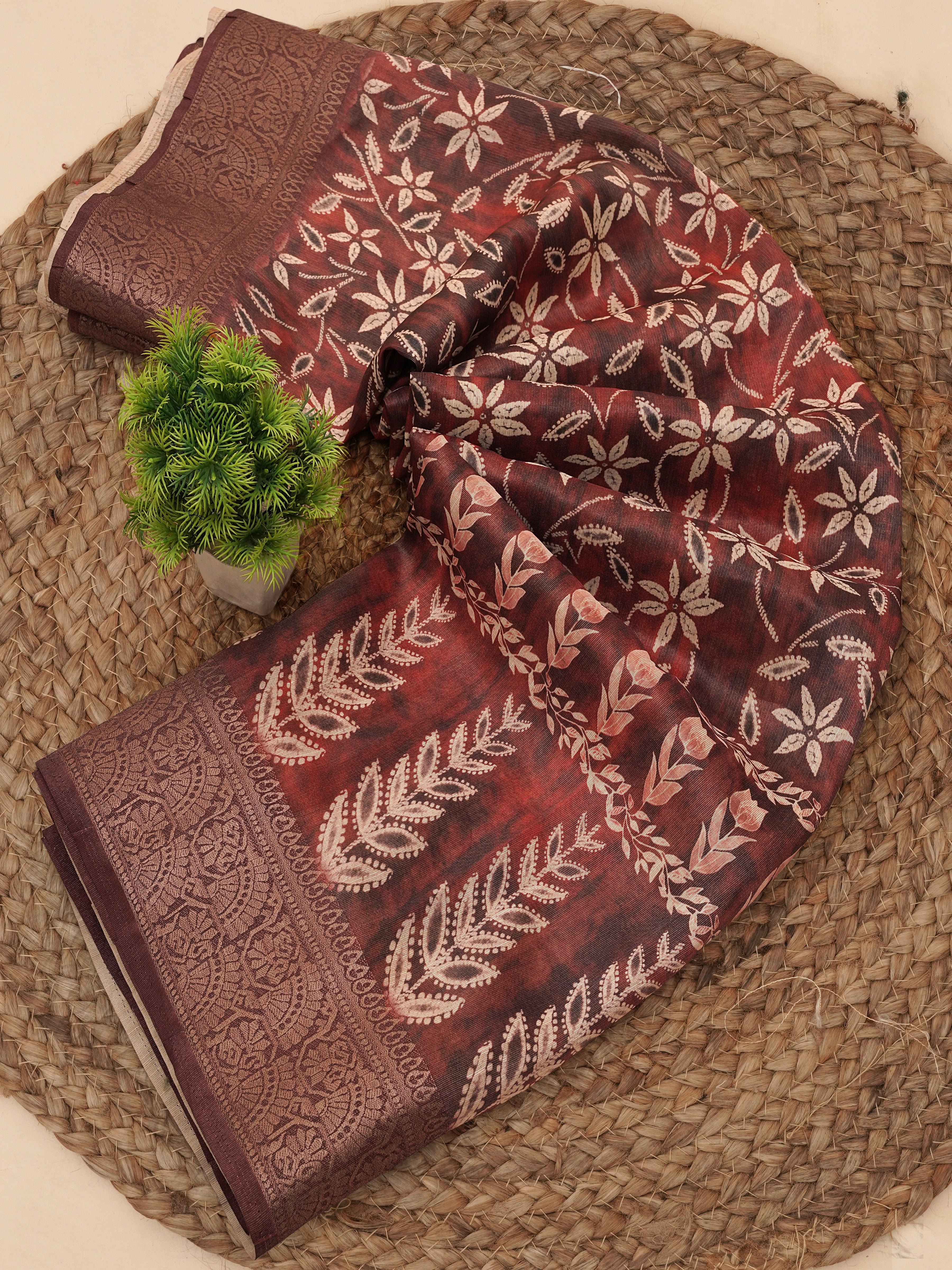 Light Maroon Floral & Leaf Digital Print Tusser Silk Saree