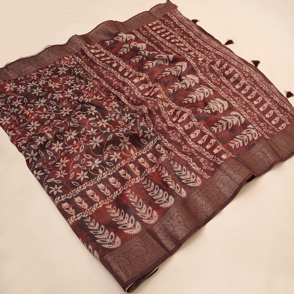 Light Maroon Floral & Leaf Digital Print Tusser Silk Saree