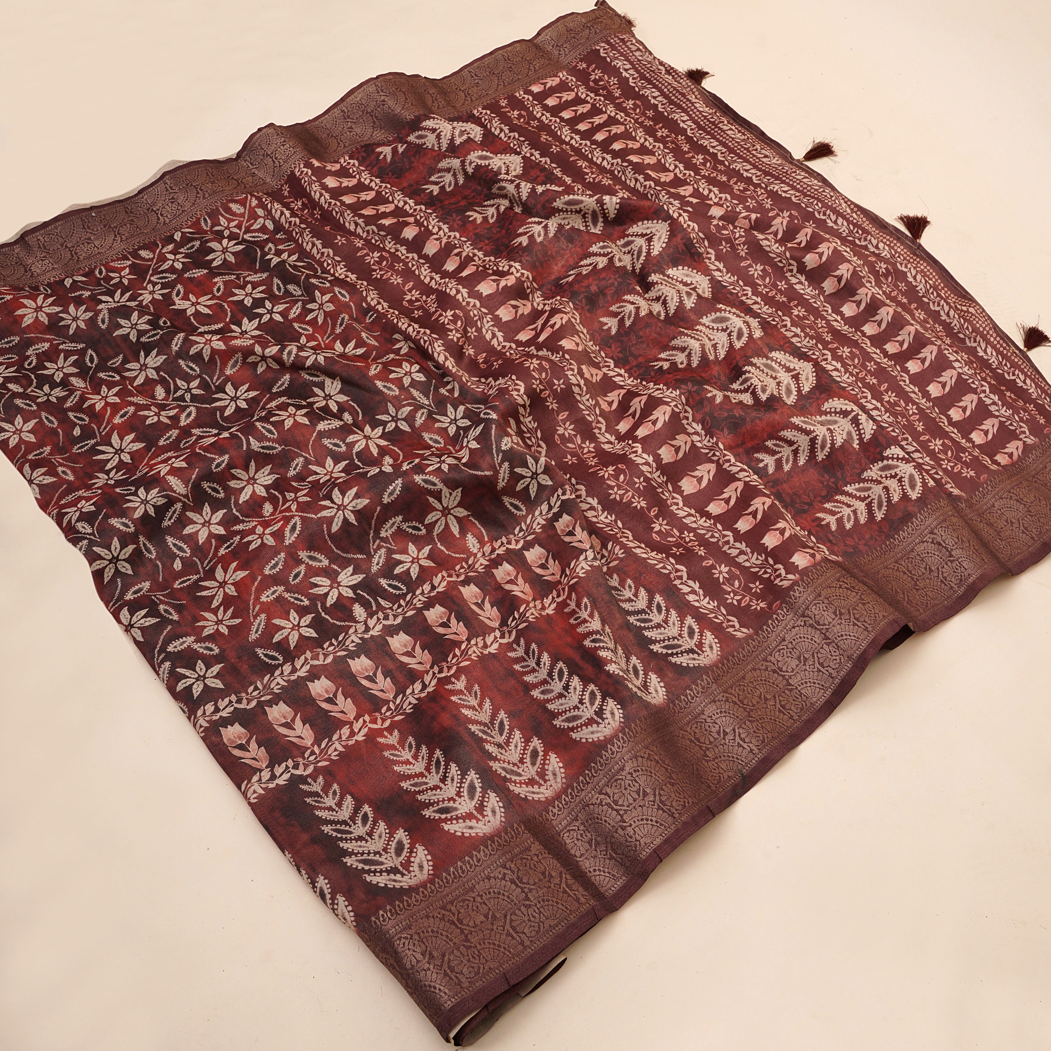 Light Maroon Floral & Leaf Digital Print Tusser Silk Saree
