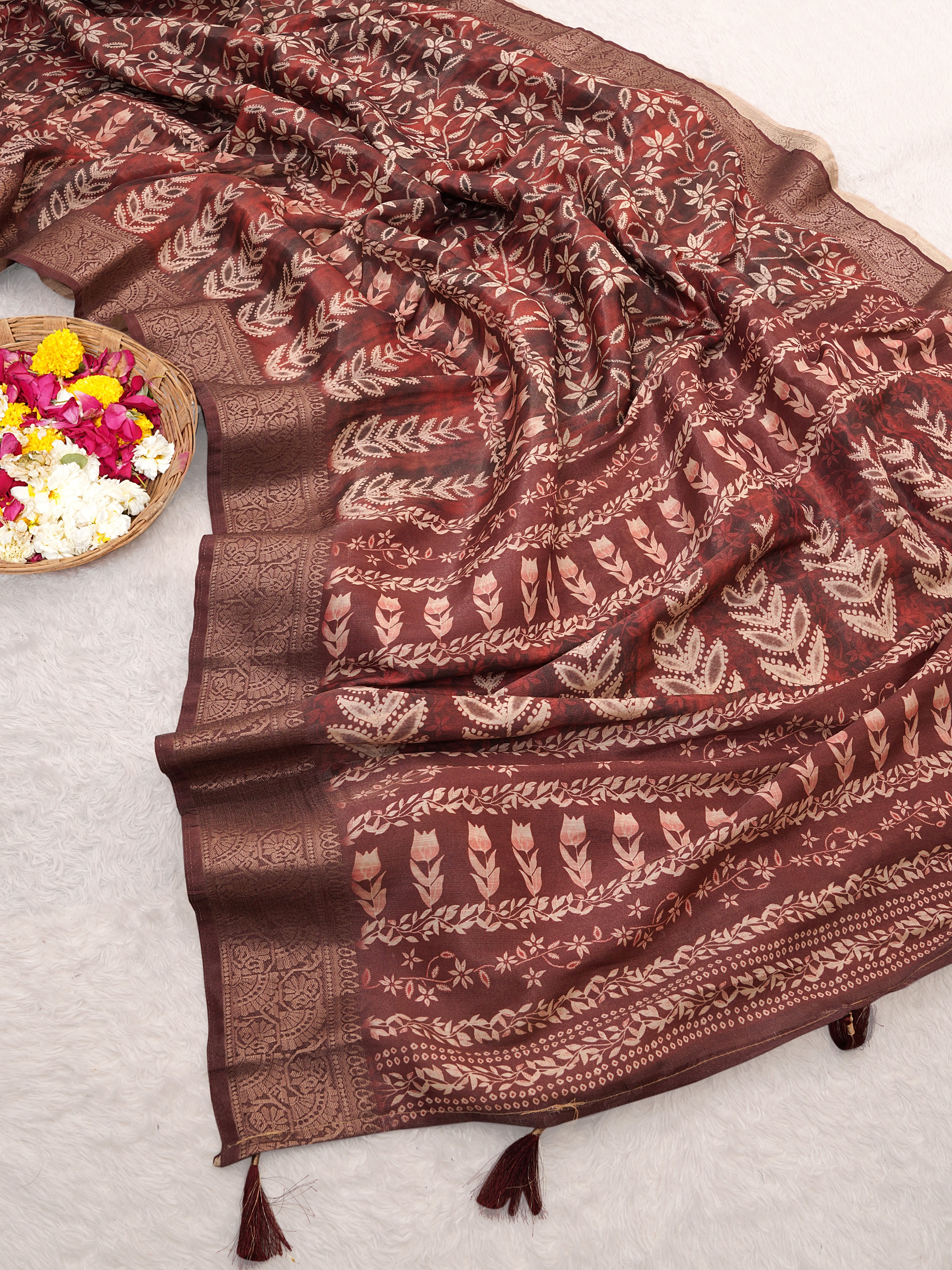 Light Maroon Floral & Leaf Digital Print Tusser Silk Saree