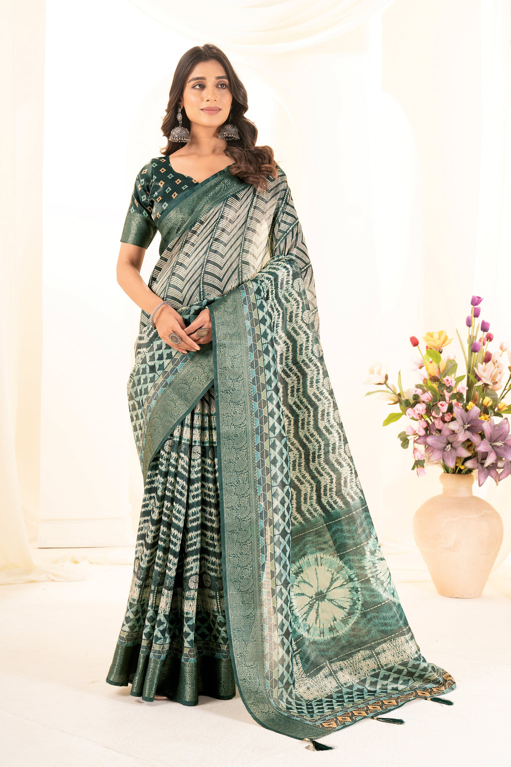 Bottle Green Digital Geometric & Tie-Dye Print Tusser Silk Saree