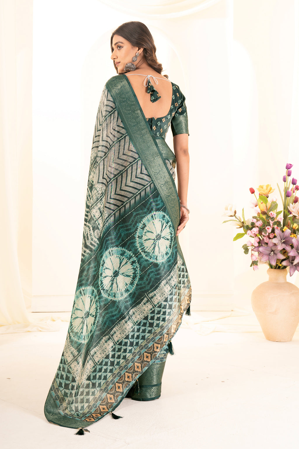Bottle Green Digital Geometric & Tie-Dye Print Tusser Silk Saree